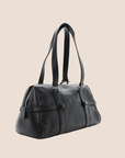 CHRISTIAN DOR BLACK LEATHER LOGO SPELL OUT CHARM BOSTON BAG
