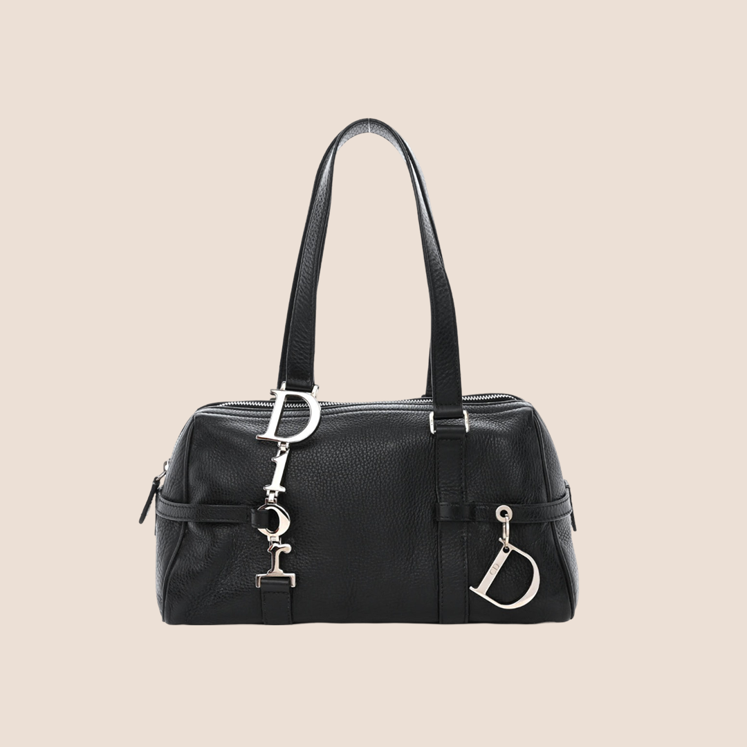 CHRISTIAN DOR BLACK LEATHER LOGO SPELL OUT CHARM BOSTON BAG