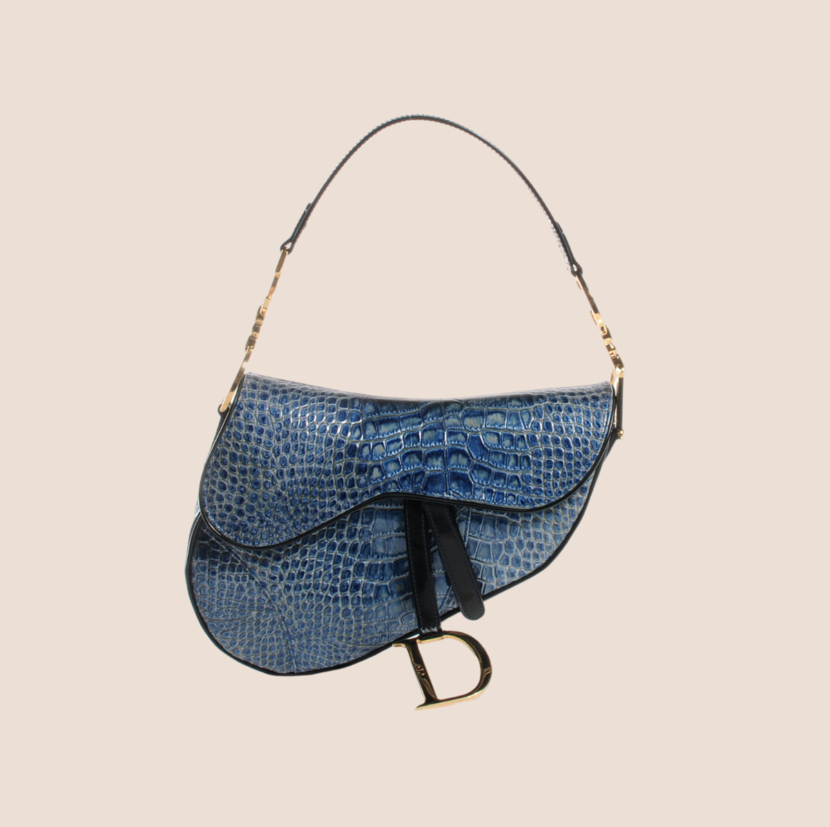CHRISTIAN DOR BLUE CALFSKIN CROCODILE EMBOSSED SADDLE BAG