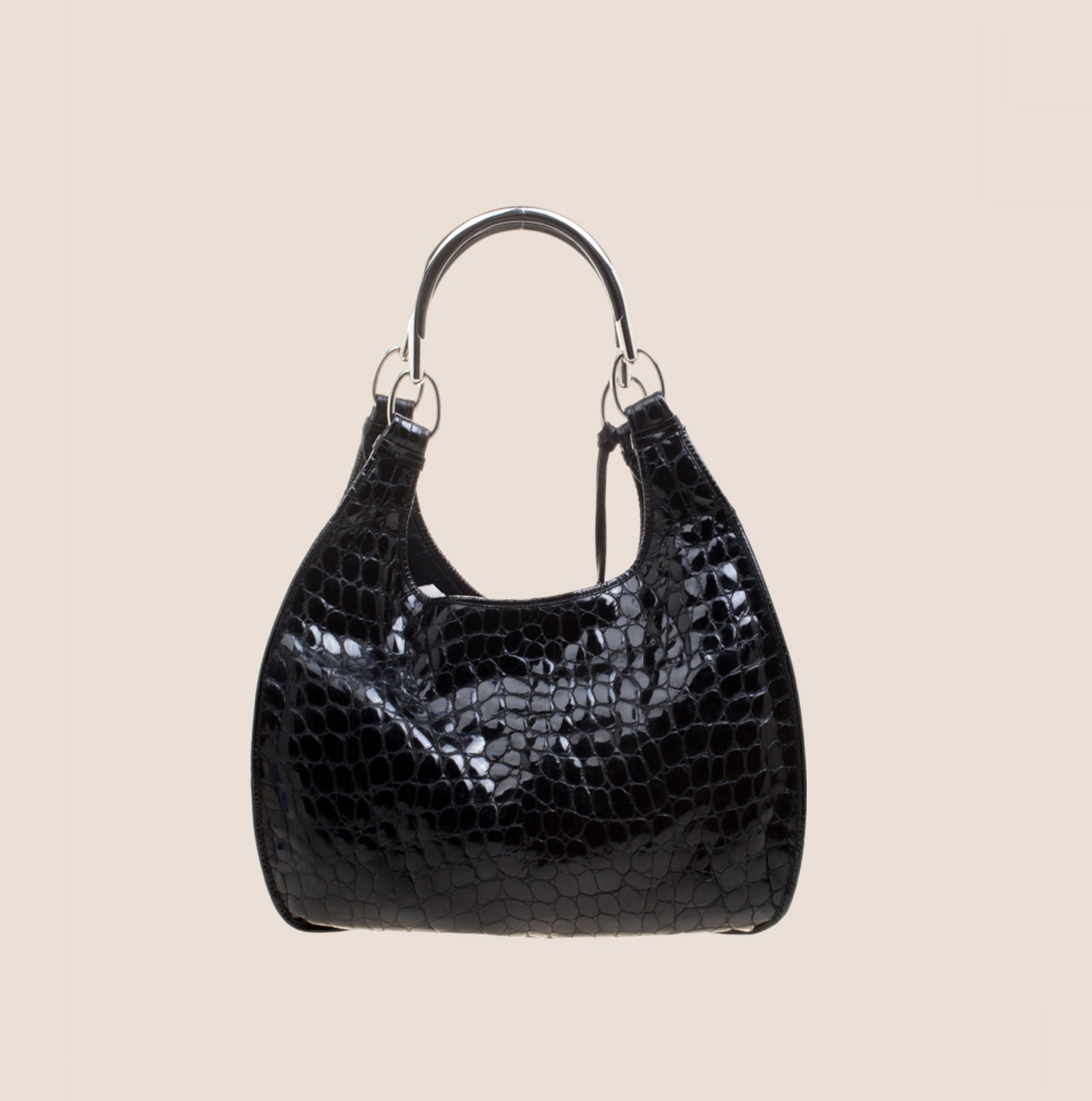CHRISTIAN DOR BLACK CROC EMBOSSED PATENT LEATHER TOTE BAG