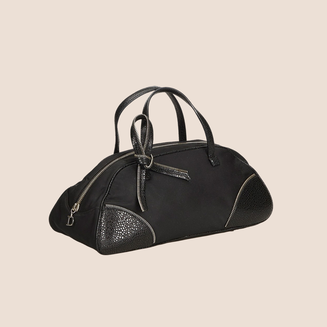CHRISTIAN DOR BLACK NYLON ZIPPER BOW DETAIL HANDBAG