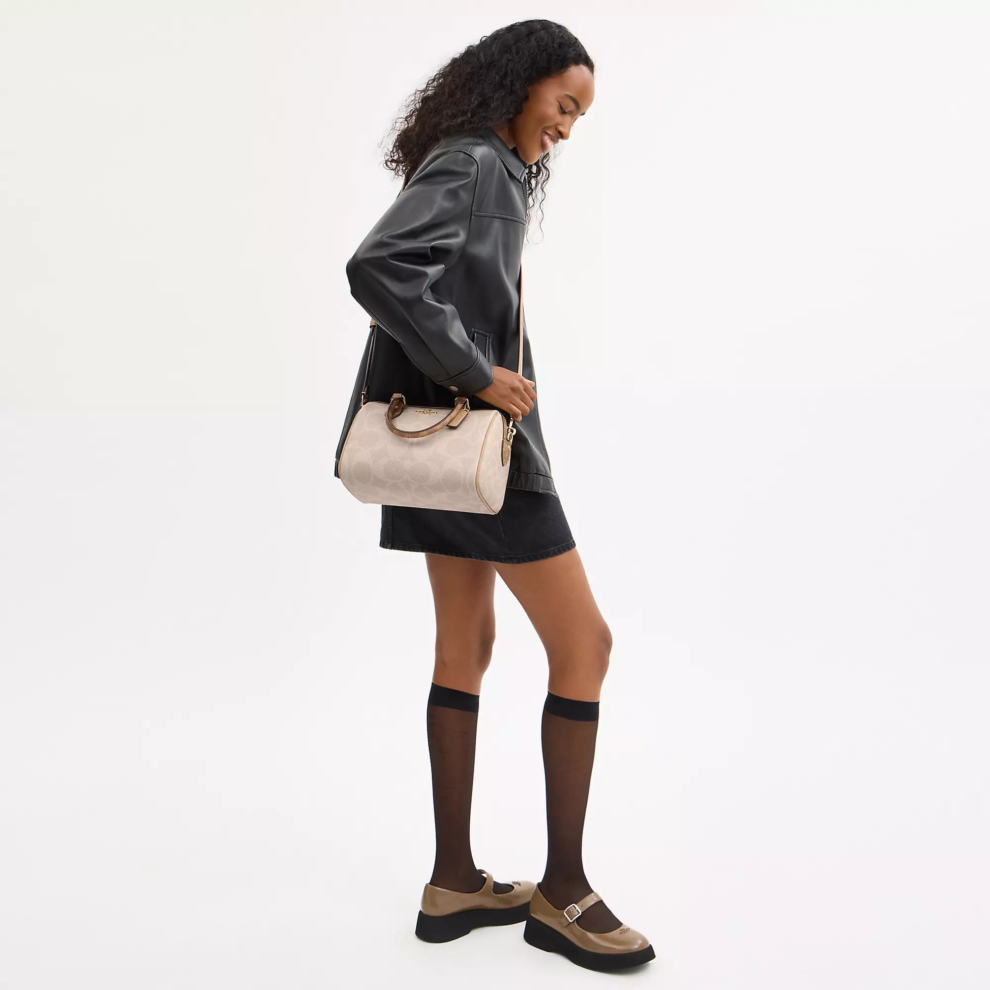Rowan Satchel Bag In Blocked Signature Canvas (Gold/Sand/Tan)