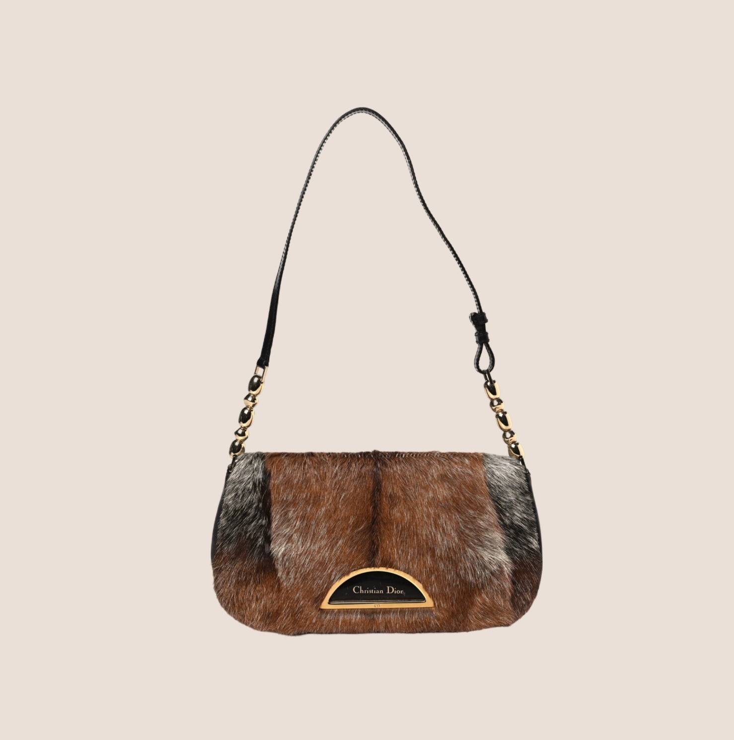 CHRISTIAN DOR BLACK &amp; BROWN COW PRINT MALICE SHOULDER BAG