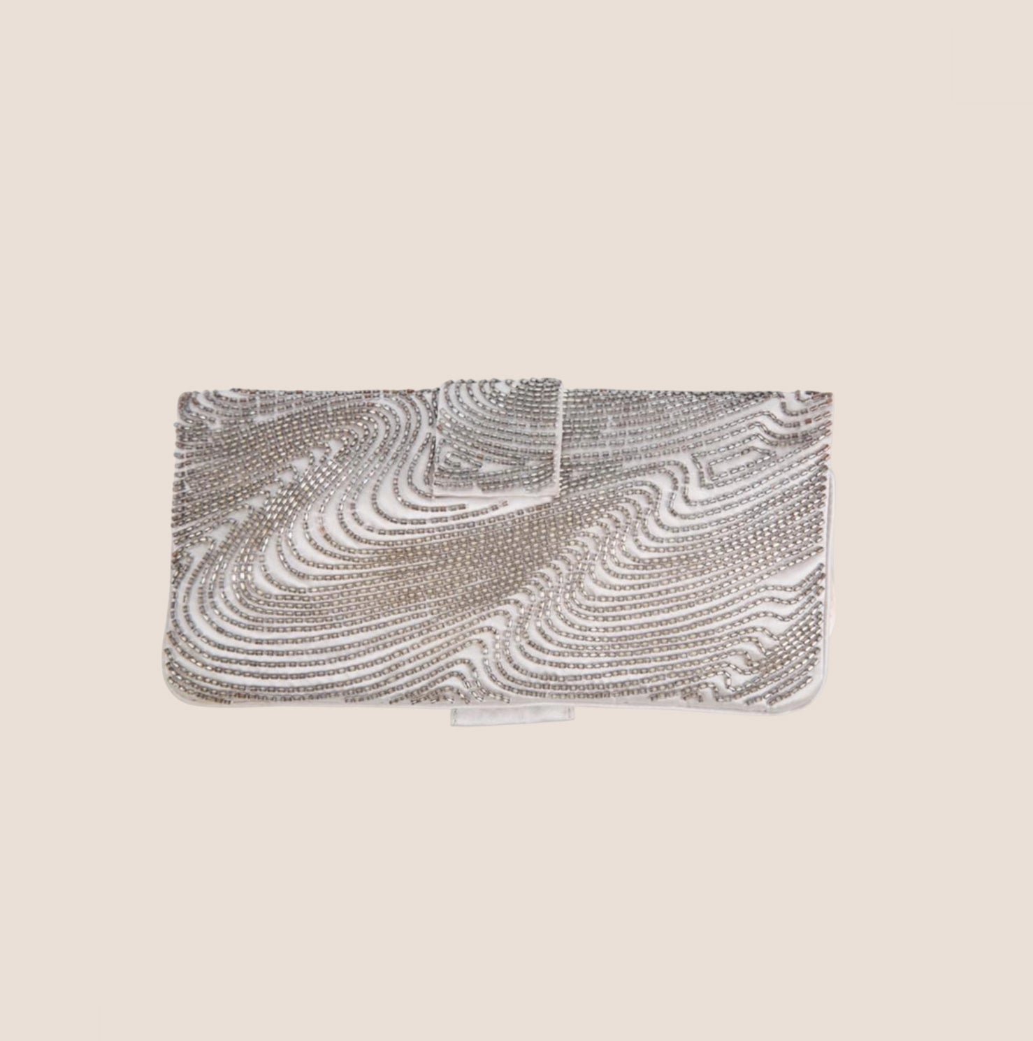 CHRISTIAN DOR BEADED SILVER SATIN LOGO CLUTCH