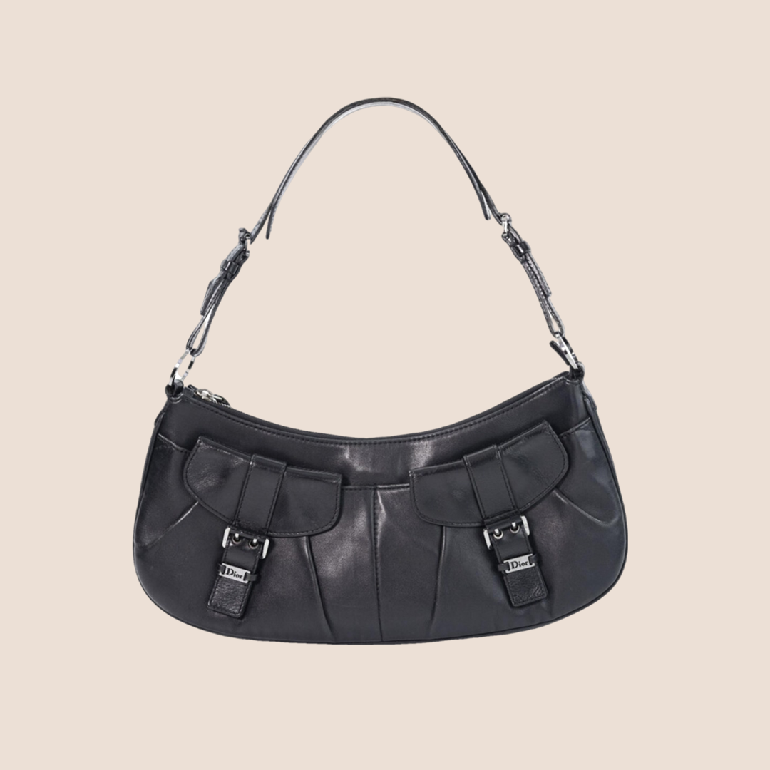 CHRISTIAN DOR BLACK LEATHER CROISSANT SHOULDER BAG