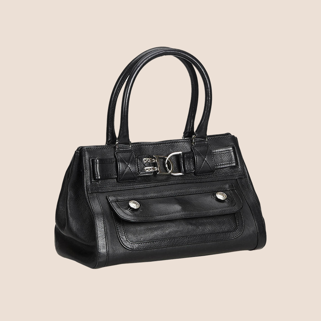 CHRISTIAN DOR BLACK LEATHER FLIGHT TOTE BAG