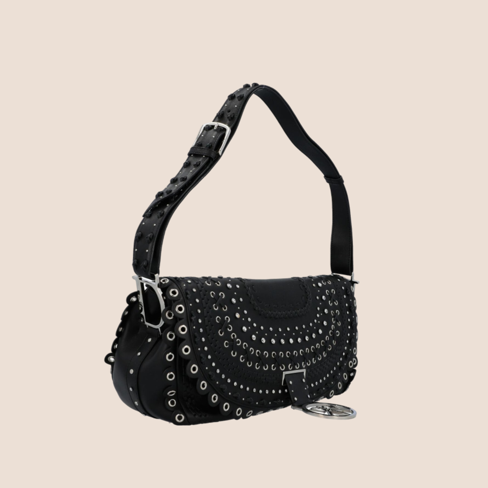 CHRISTIAN DOR BLACK STUDDED CRYSTAL PEACE LOGO SHOULDER BAG