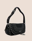 CHRISTIAN DOR BLACK STUDDED CRYSTAL PEACE LOGO SHOULDER BAG