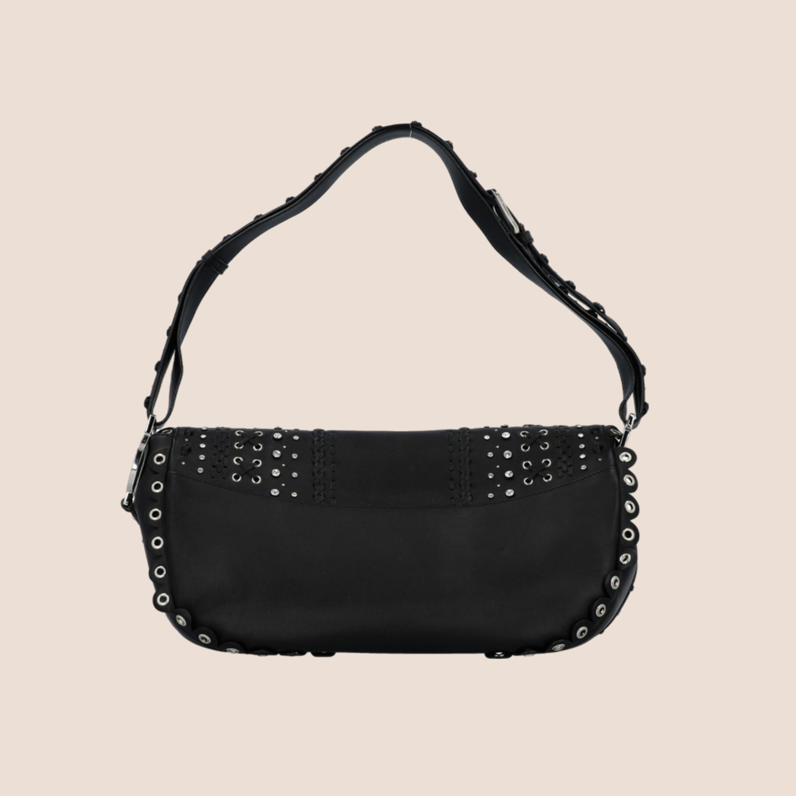 CHRISTIAN DOR BLACK STUDDED CRYSTAL PEACE LOGO SHOULDER BAG
