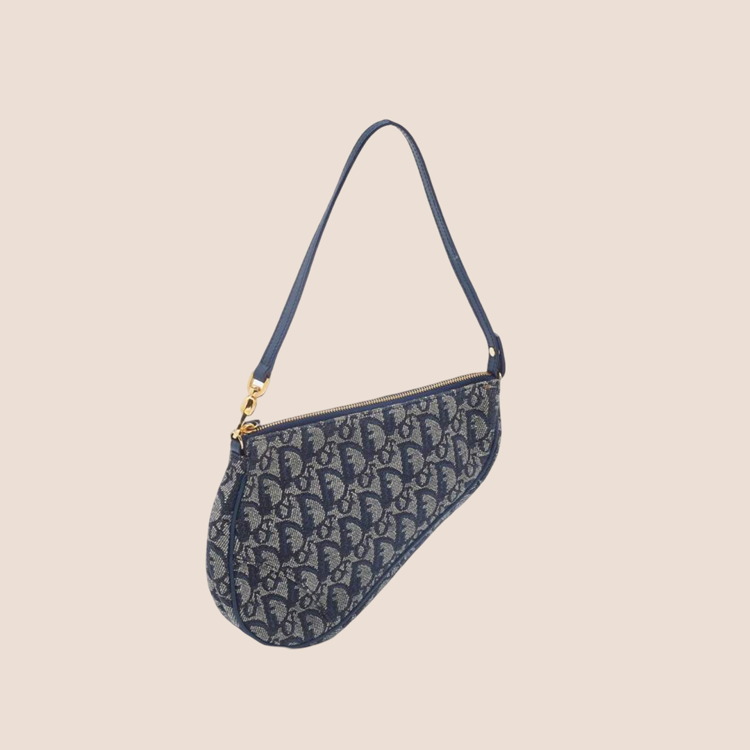 CHRISTIAN DOR BLUE OBLIQUE CANVAS SADDLE BAG