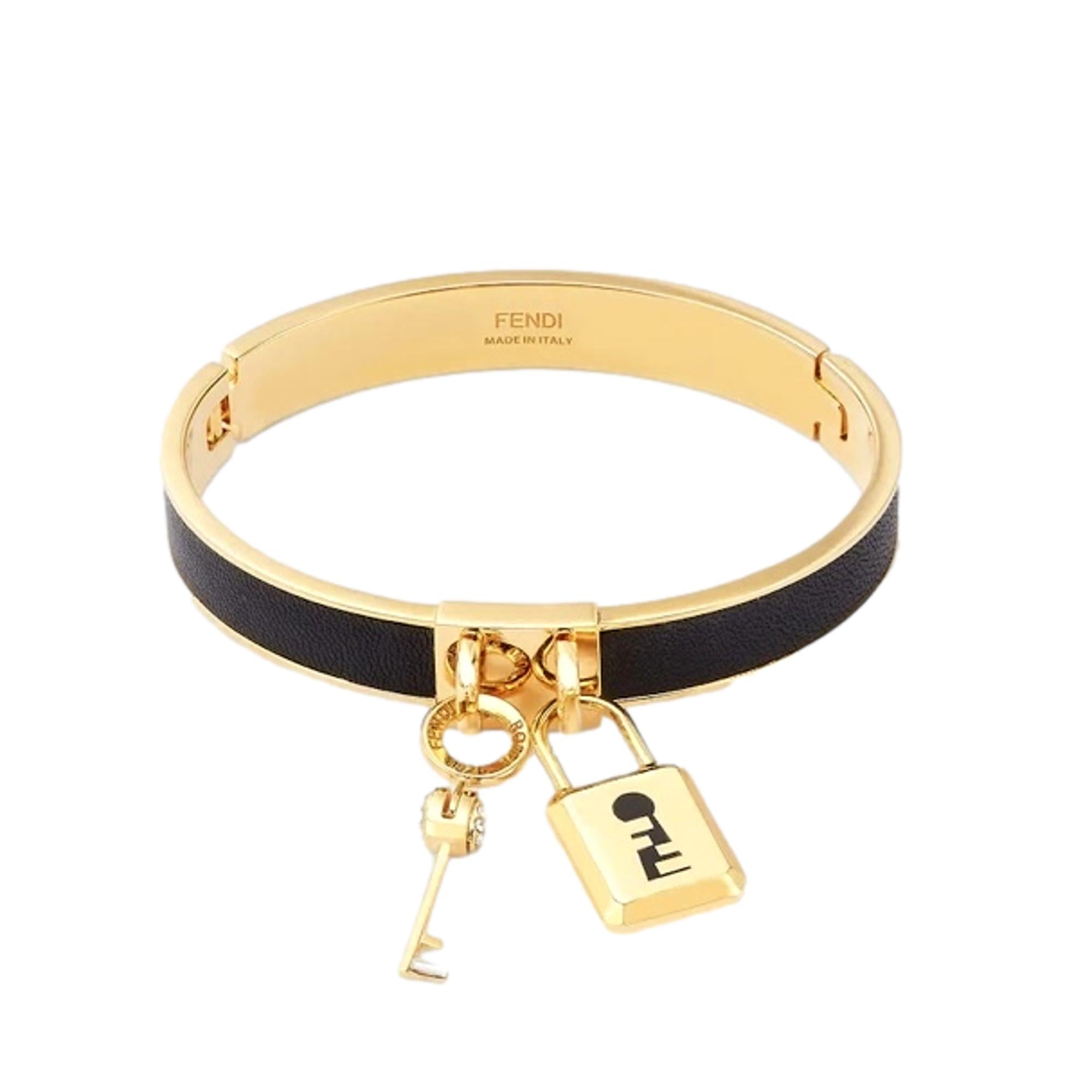FNDI Master Key Black Leather Gold Small Bracelet