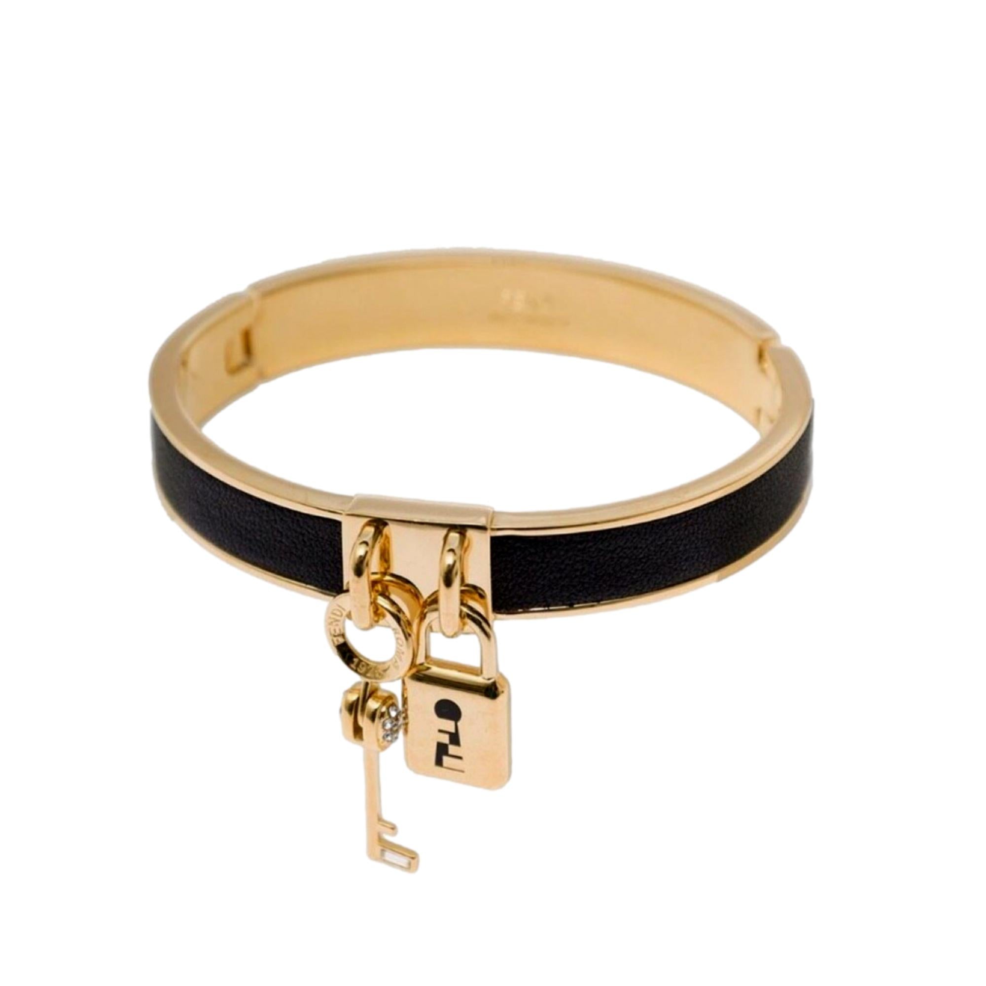 FNDI Master Key Black Leather Gold Small Bracelet