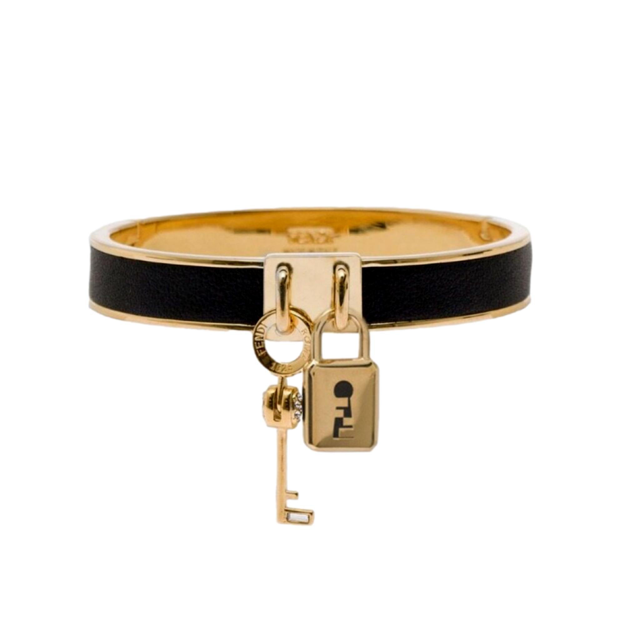 FNDI Master Key Black Leather Gold Small Bracelet
