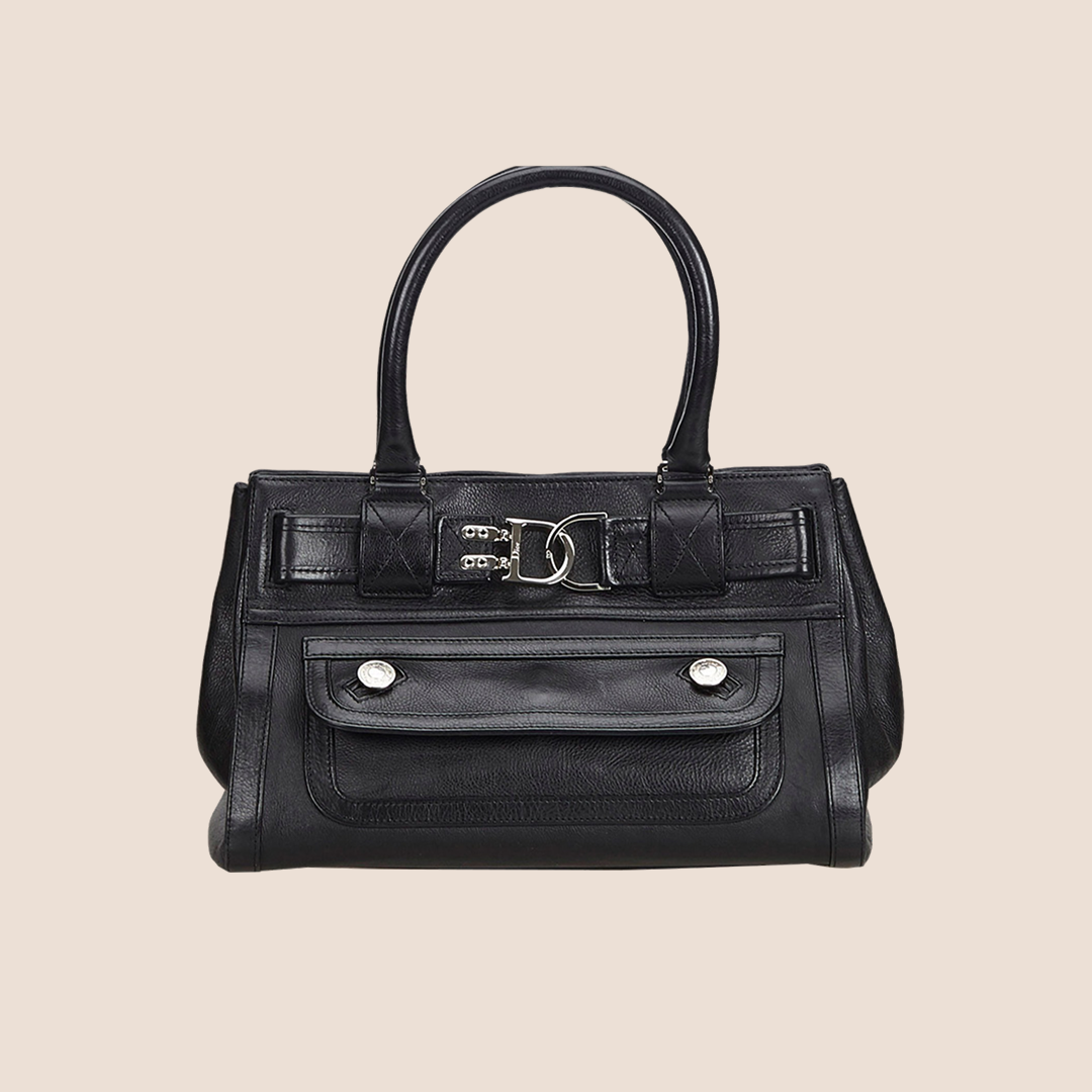 CHRISTIAN DOR BLACK LEATHER FLIGHT TOTE BAG