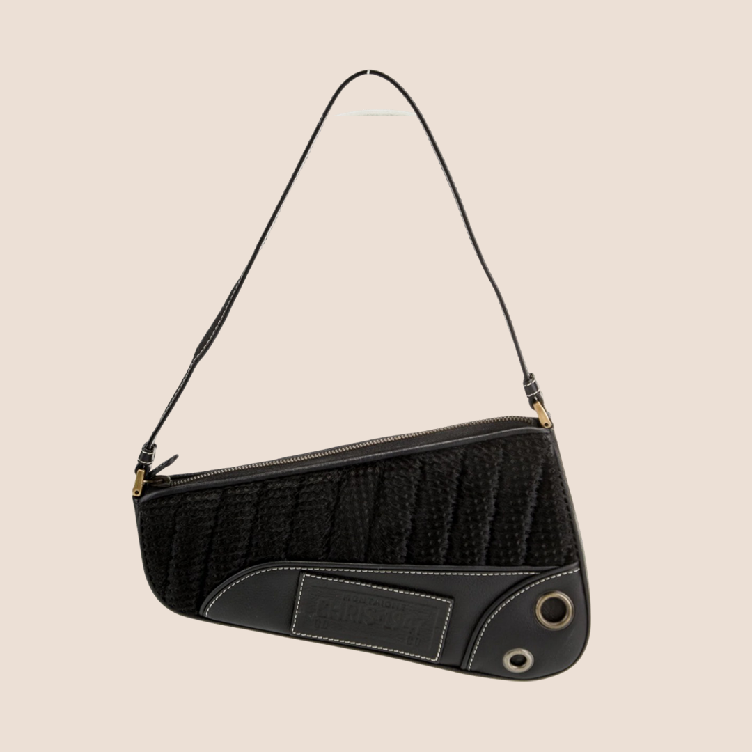 CHRISTIAN DOR BLACK PERFORATED LEATHER CADILLAC SADDLE BAG