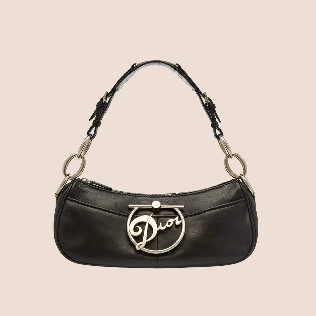 CHRISTIAN DOR BLACK LEATHER LOGO DIVA BAG