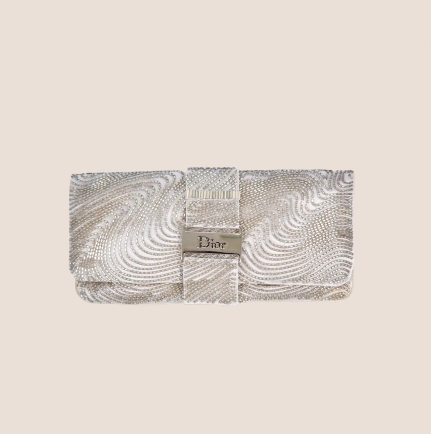 CHRISTIAN DOR BEADED SILVER SATIN LOGO CLUTCH