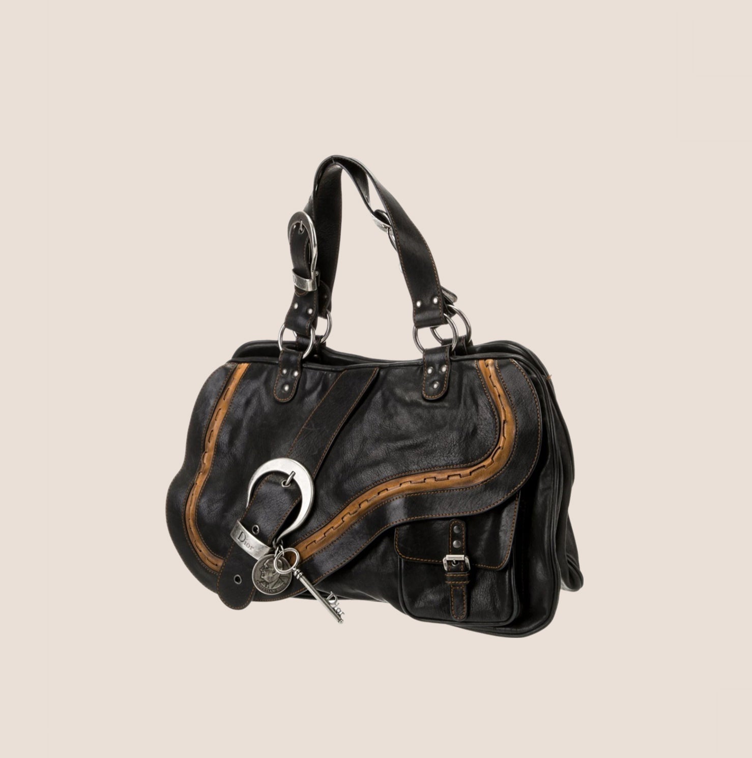 CHRISTIAN DOR BLACK LEATHER GAUCHO SADDLE HANDBAG