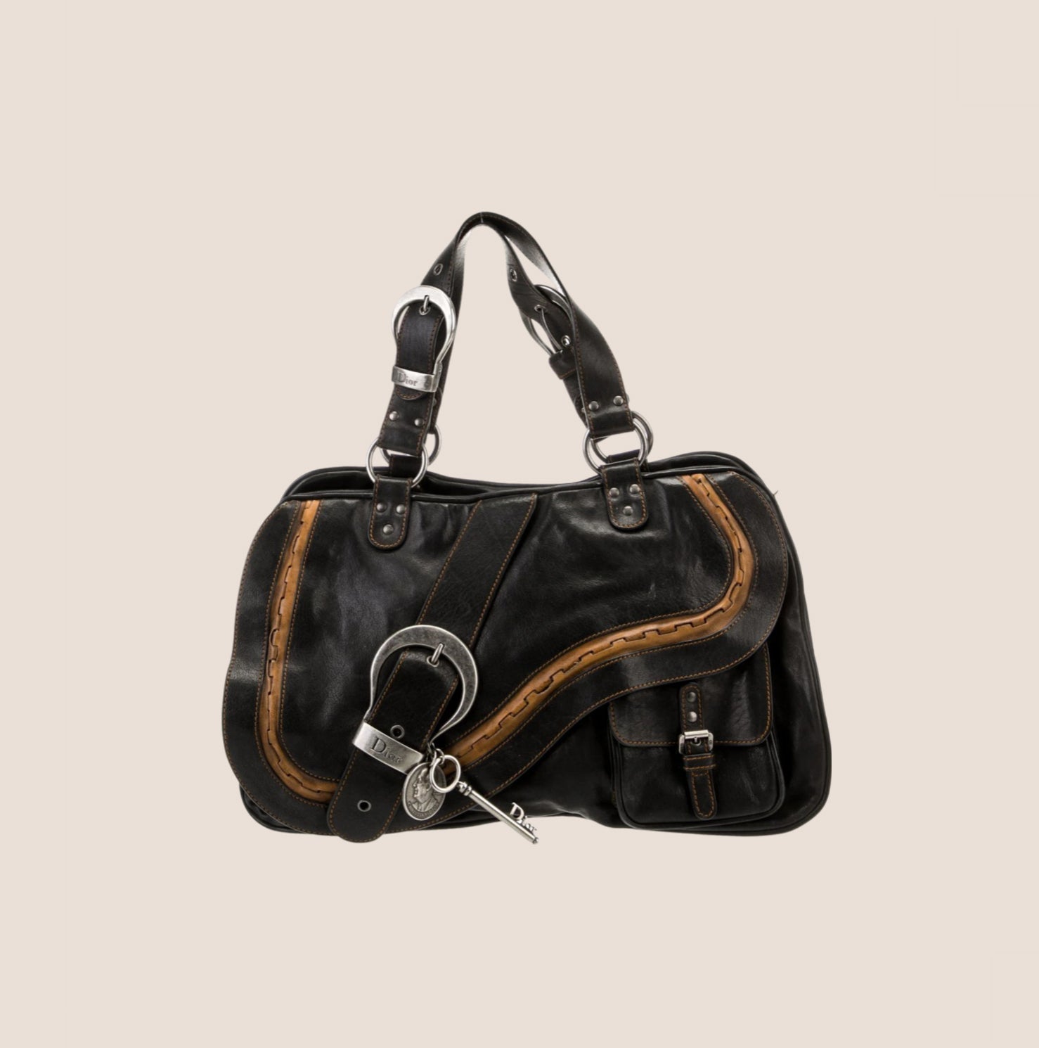 CHRISTIAN DOR BLACK LEATHER GAUCHO SADDLE HANDBAG