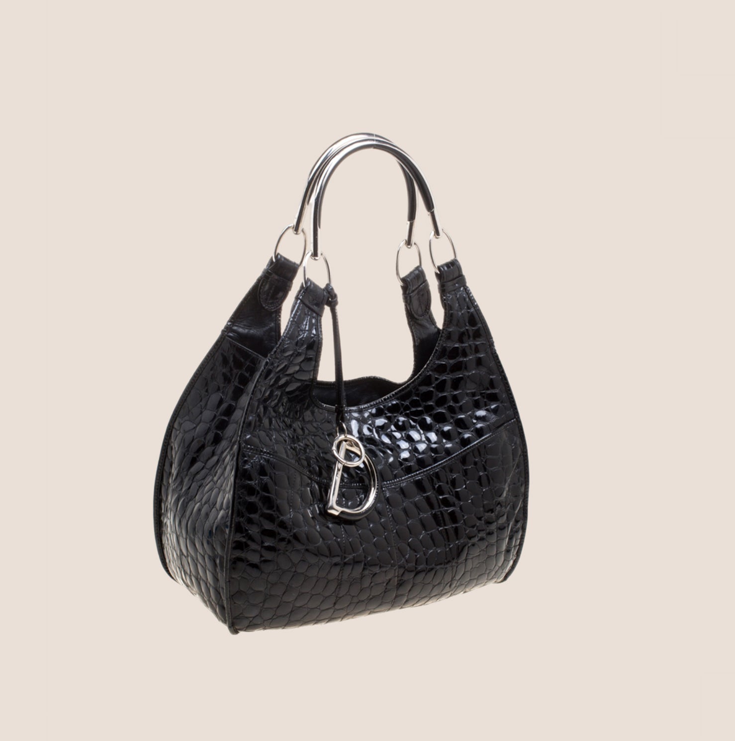 CHRISTIAN DOR BLACK CROC EMBOSSED PATENT LEATHER TOTE BAG