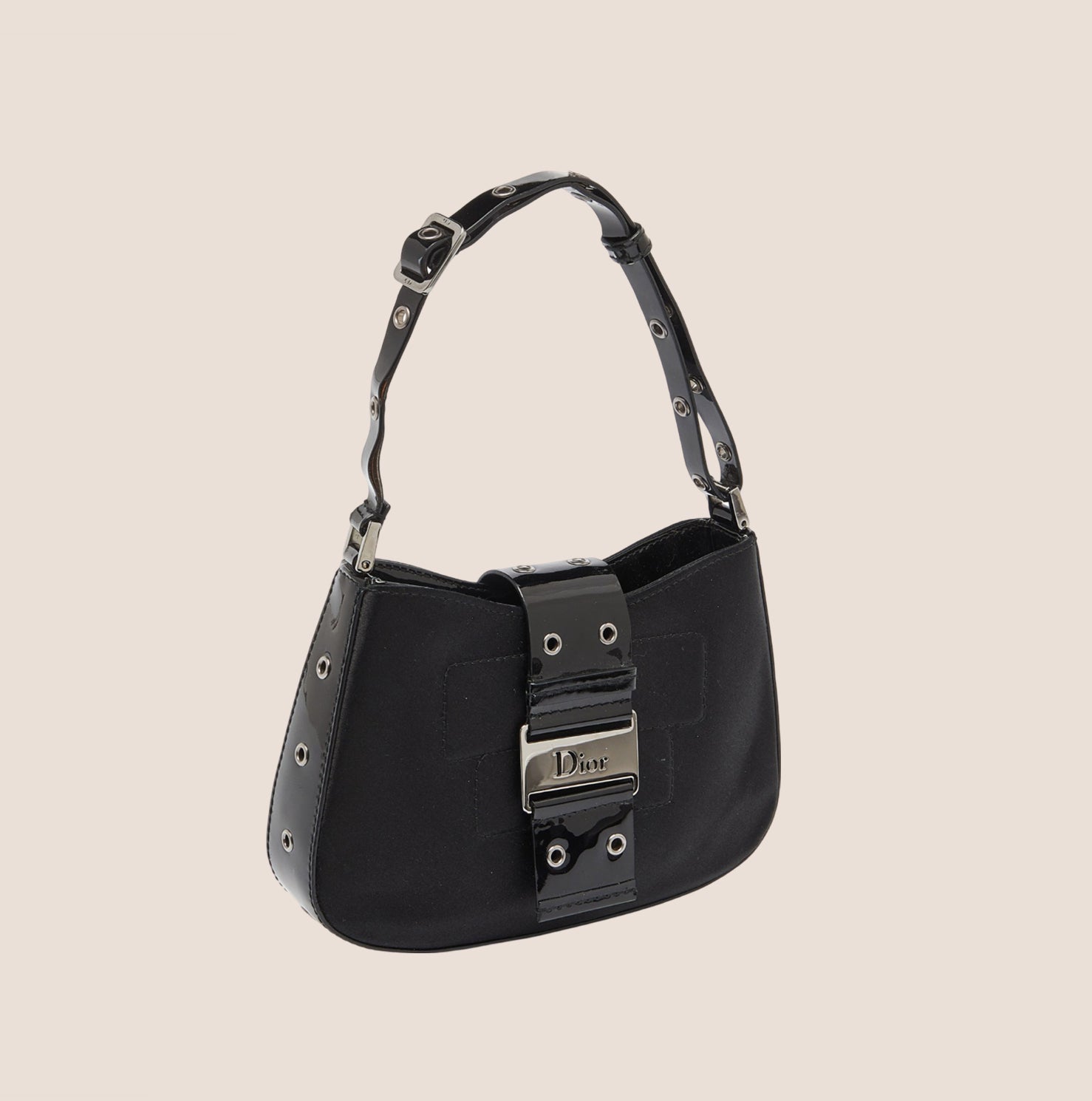 CHRISTIAN DOR BLACK SATIN &amp; PATENT LEATHER MINI STREET CHIC HOBO BAG