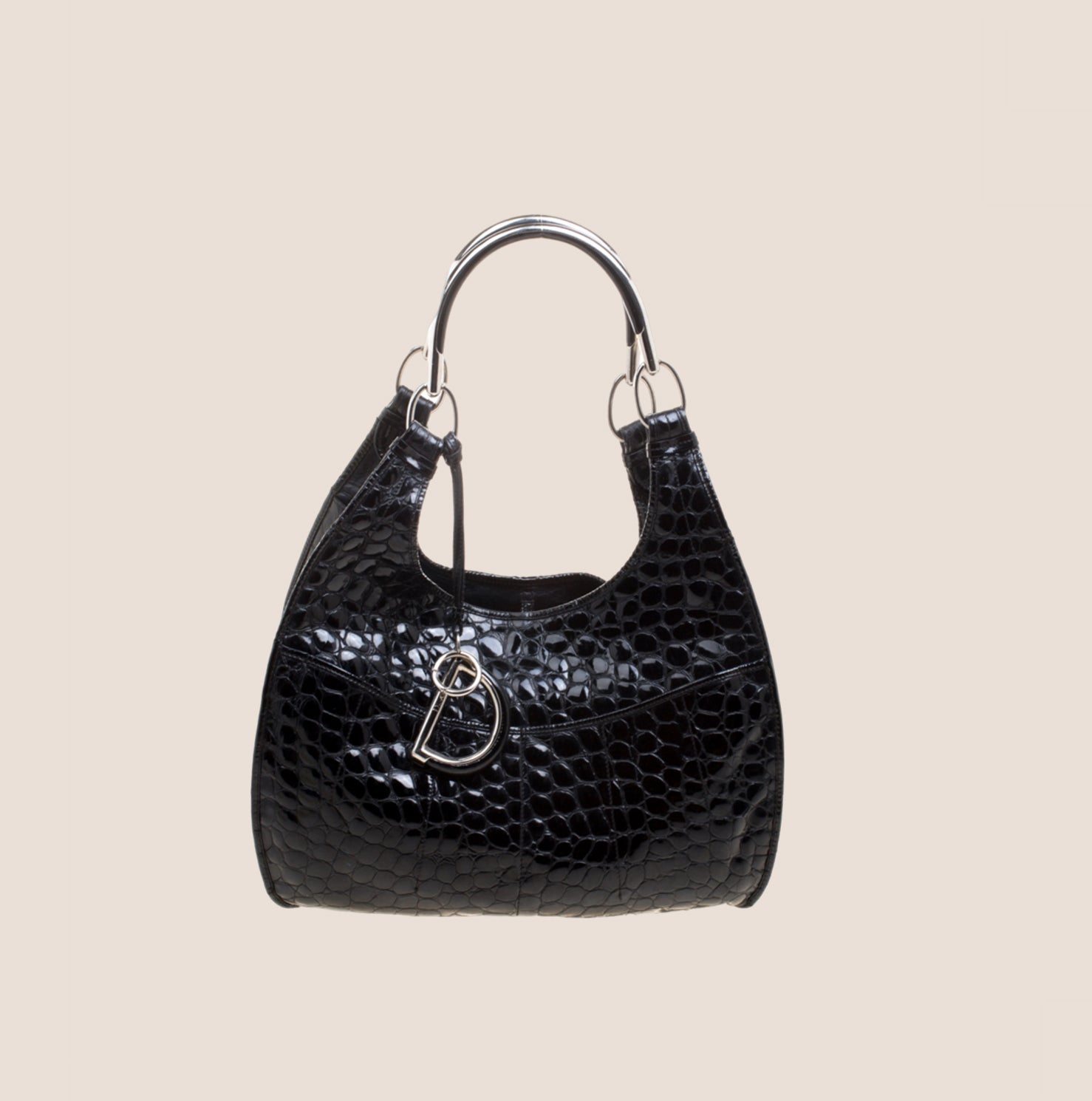 CHRISTIAN DOR BLACK CROC EMBOSSED PATENT LEATHER TOTE BAG