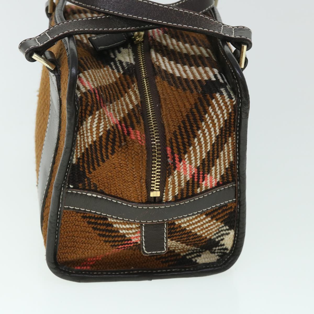 BBERRY Blue Label Hand Bag Wool Leather Brown Auth hk