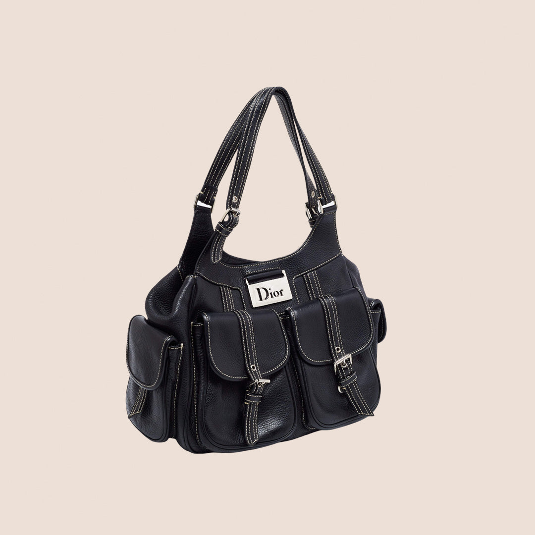 CHRISTIAN DOR BLACK LEATHER STREET CHIC SATCHEL
