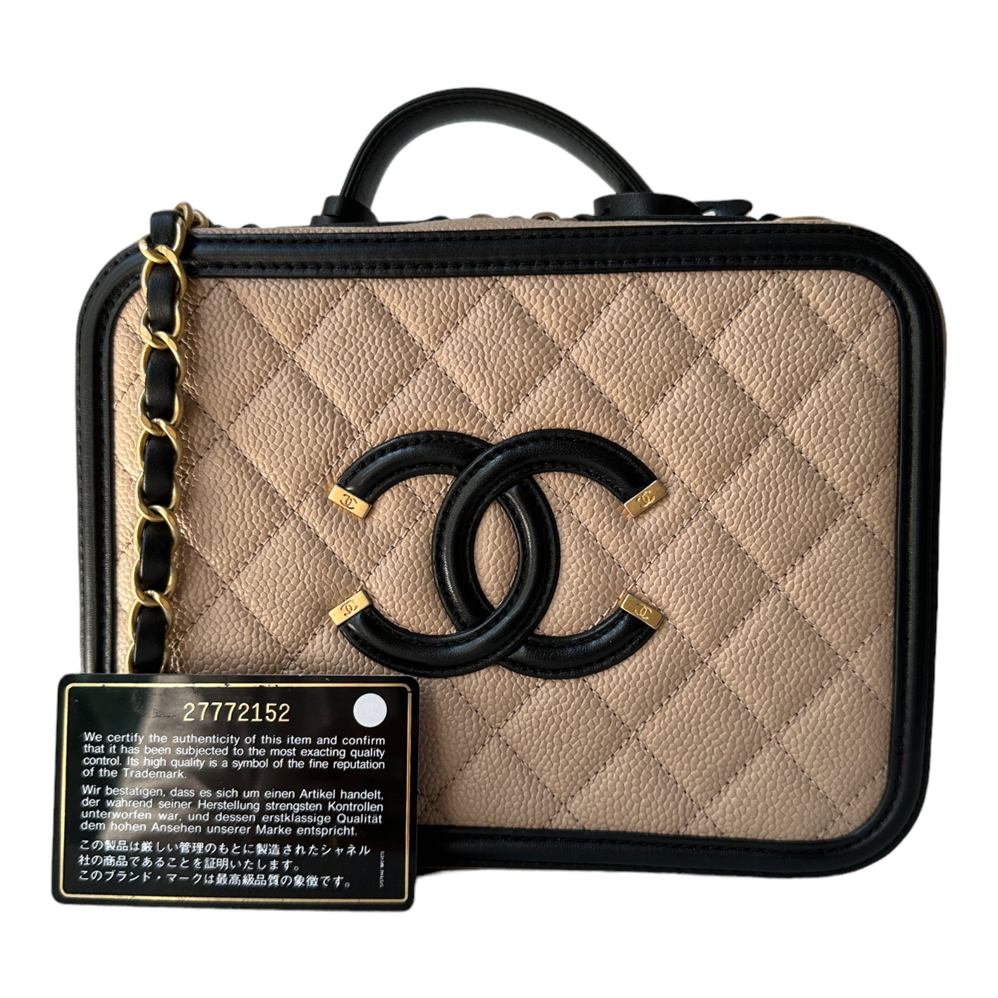 CHNL Quilted Medium CC Filigree Vanity Case Beige Caviar Gold Hardware