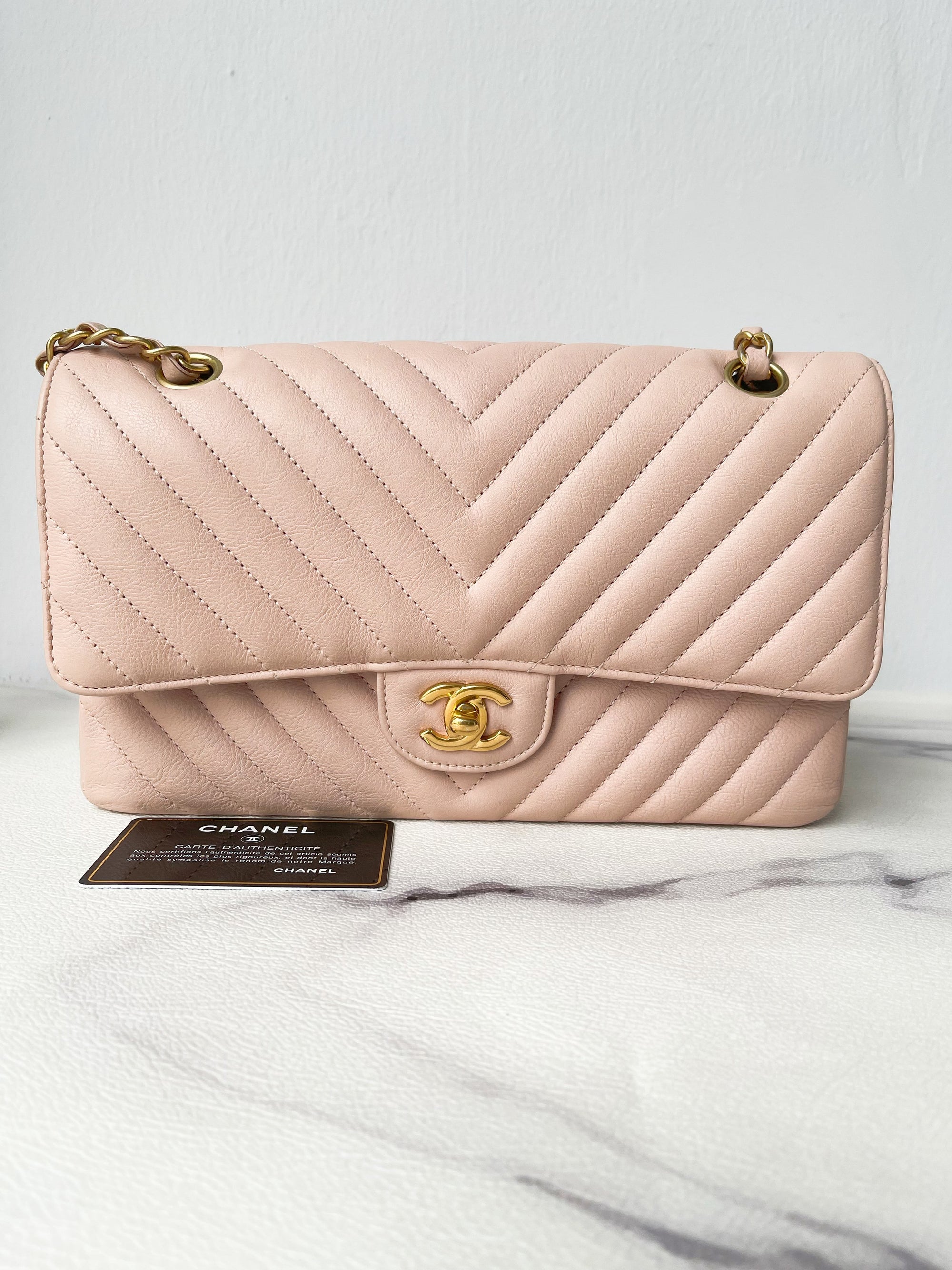 CHNL 17C Classic Chevron Calfskin Light Pink 