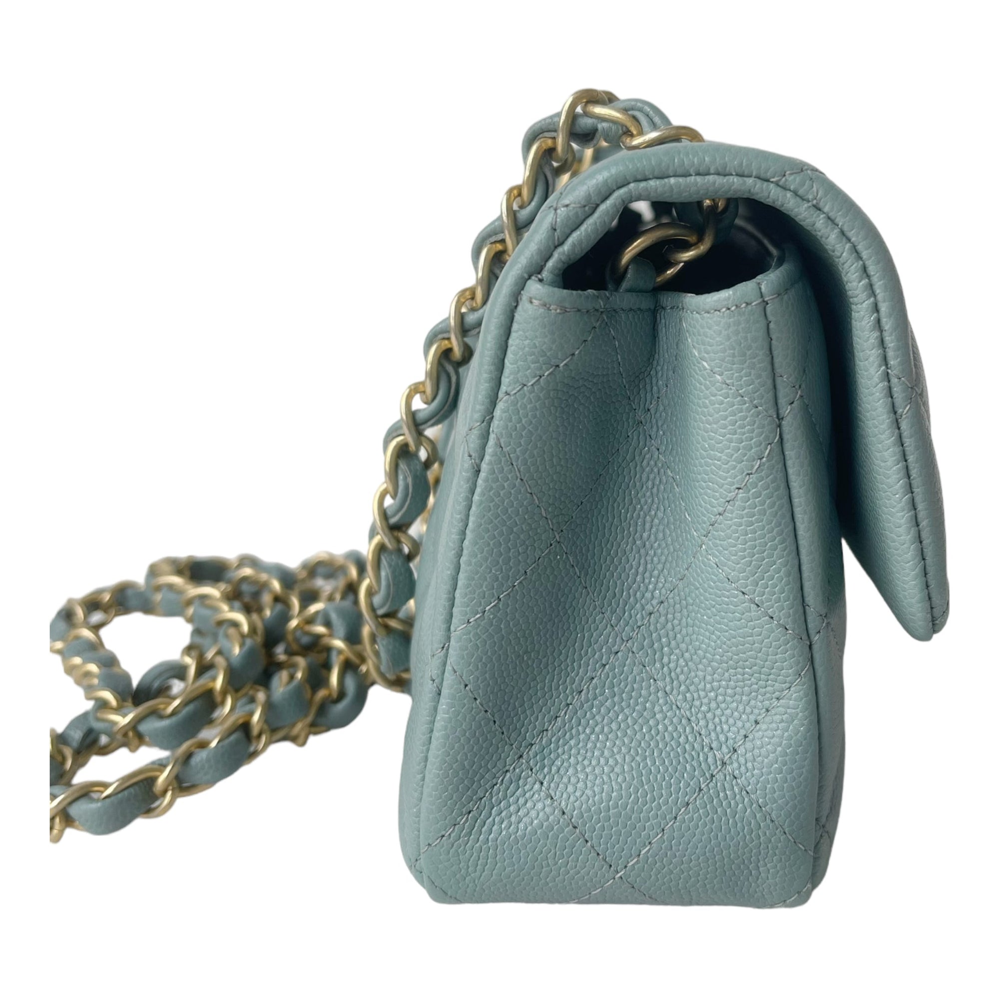 CHNL Quilted Mini Rectangular Flap Iridescent Blue Green Aged Gold Hardware 18C