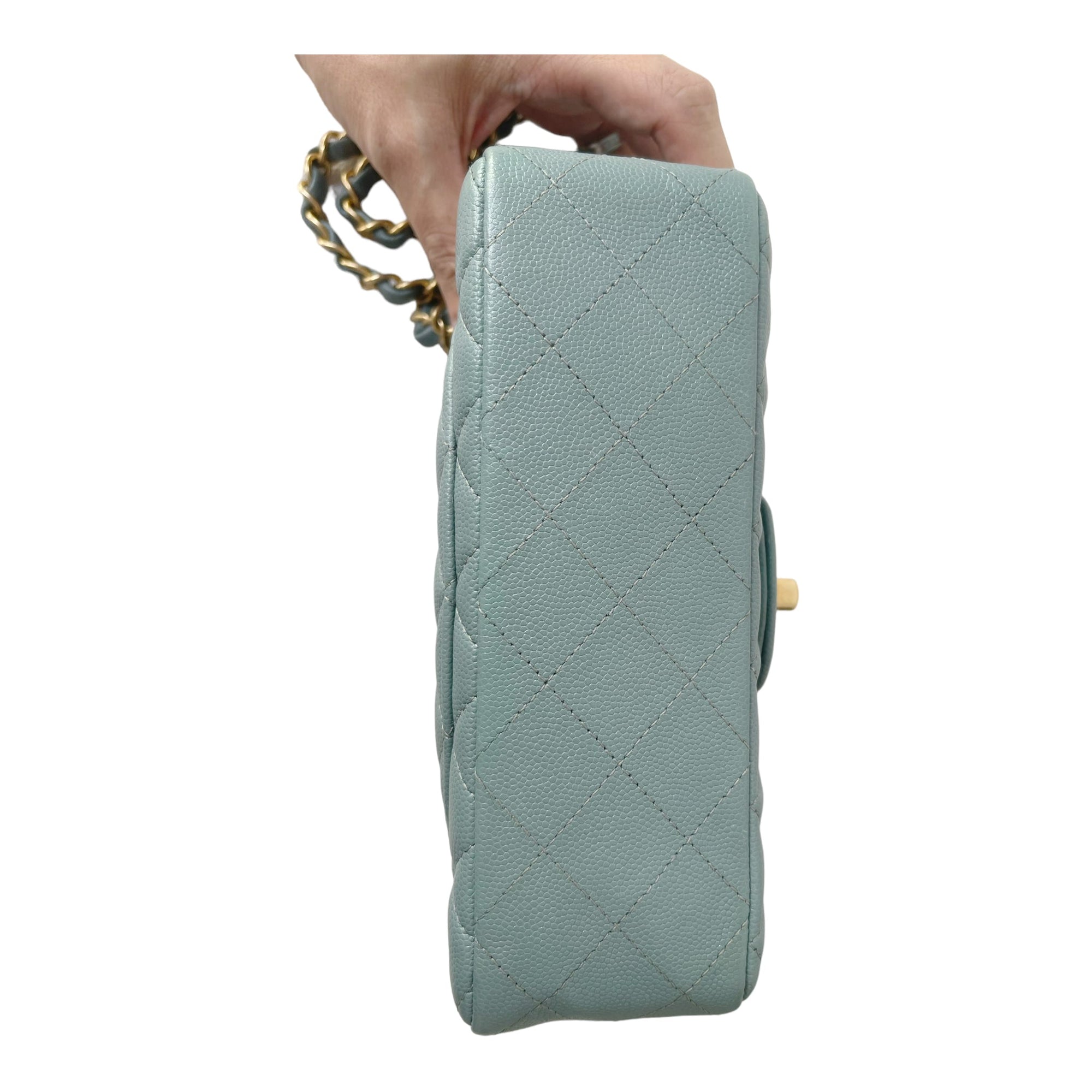 CHNL Quilted Mini Rectangular Flap Iridescent Blue Green Aged Gold Hardware 18C