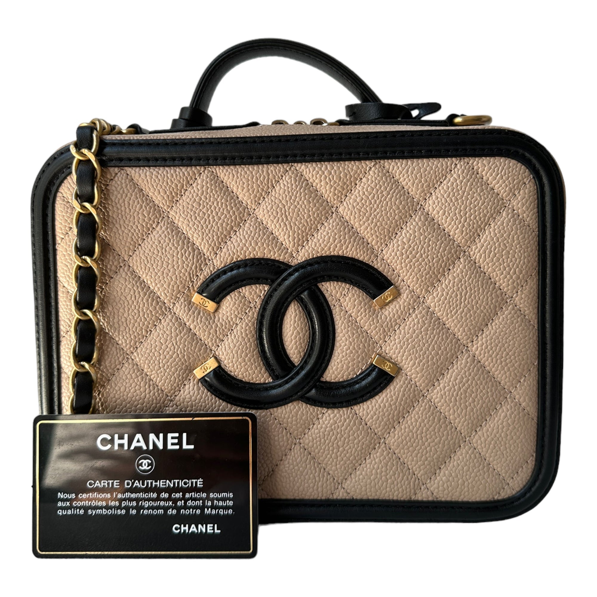 CHNL Quilted Medium CC Filigree Vanity Case Beige Caviar Gold Hardware