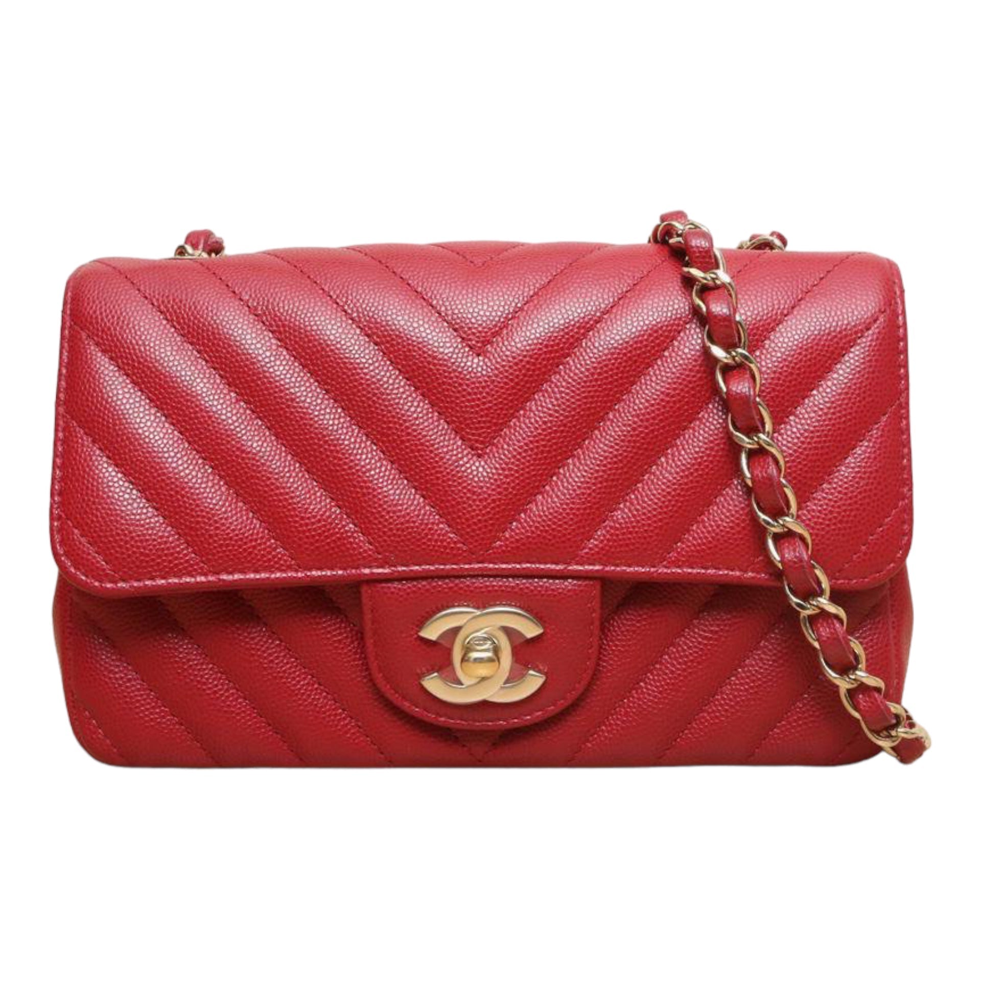 CHNL Mini Rectangle Chevron Red Caviar With GHW