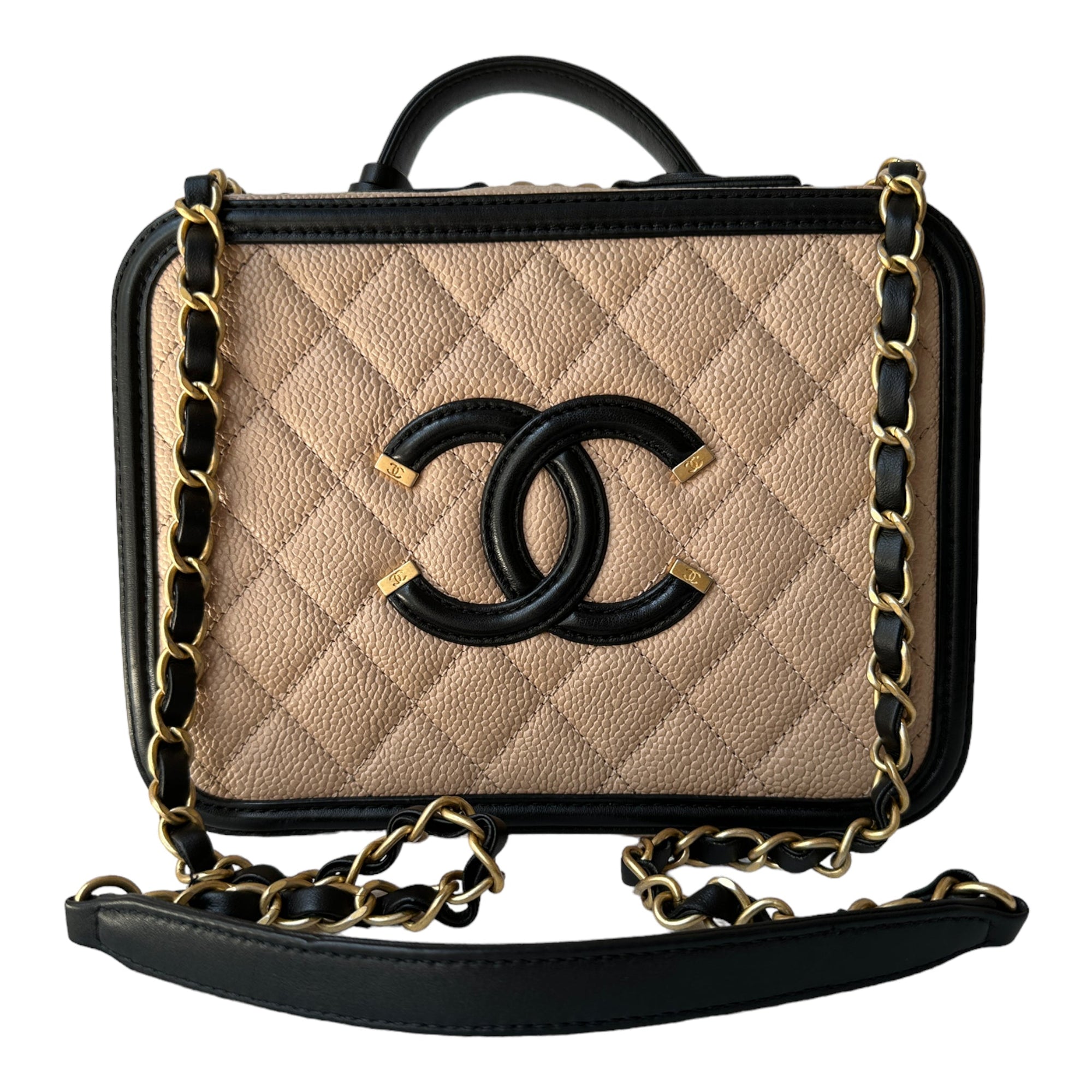 CHNL Quilted Medium CC Filigree Vanity Case Beige Caviar Gold Hardware
