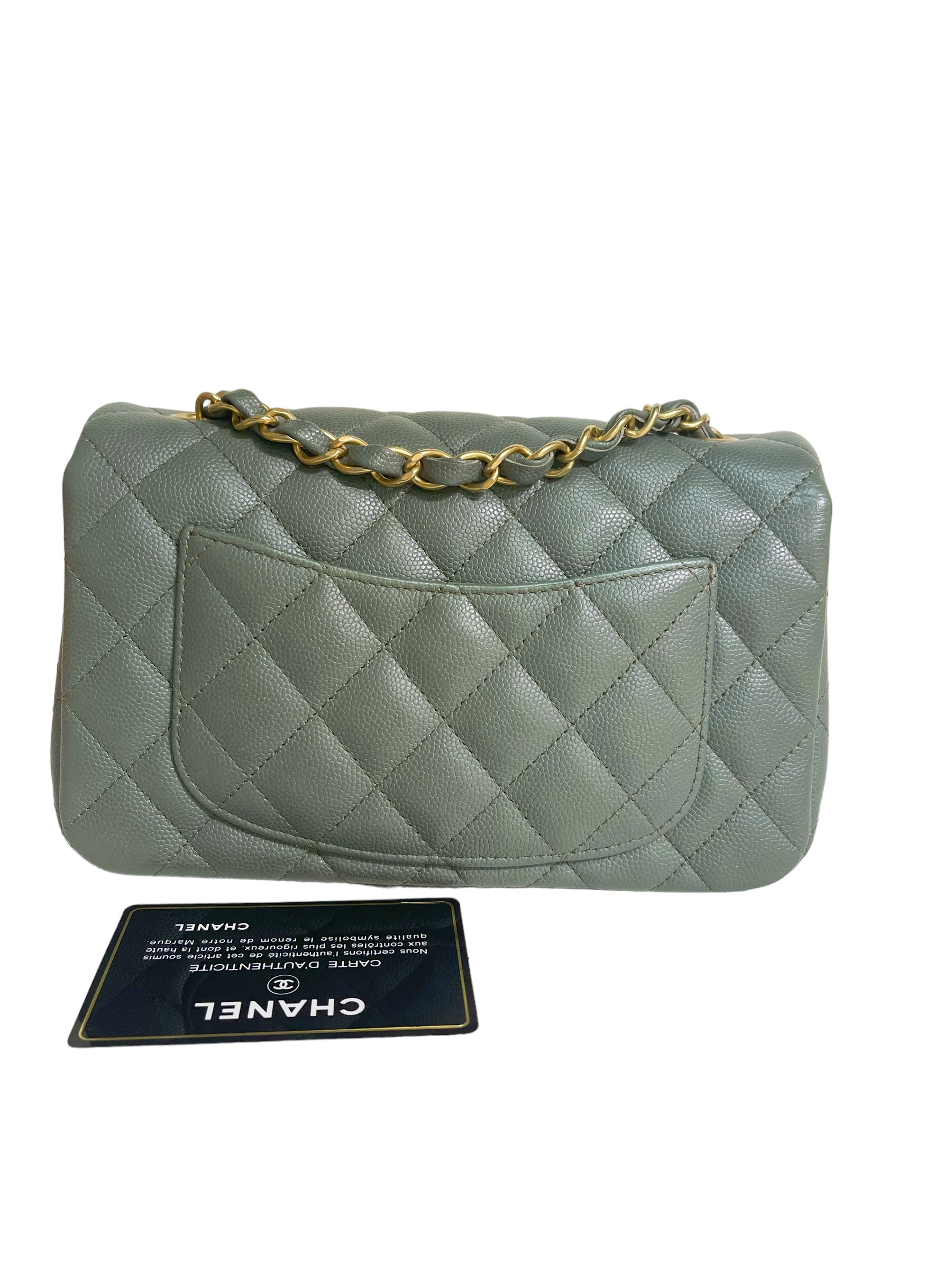 CHNL 18C Iridescent Green Caviar Rectangular Mini Flap Bag Brushed Gold Hardware