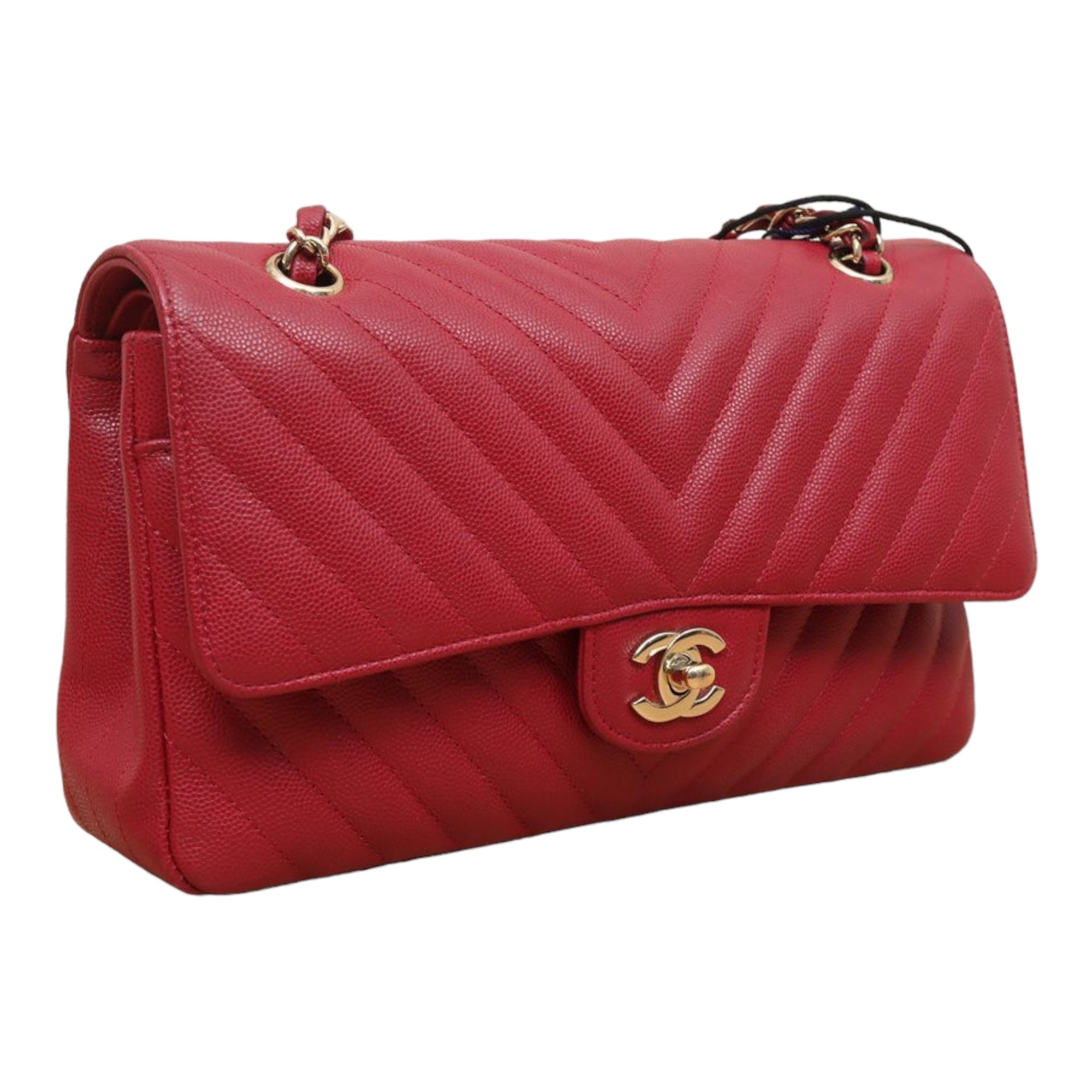 CHNL Medium Chevron Rosy Red Caviar Gold Hardware 18B