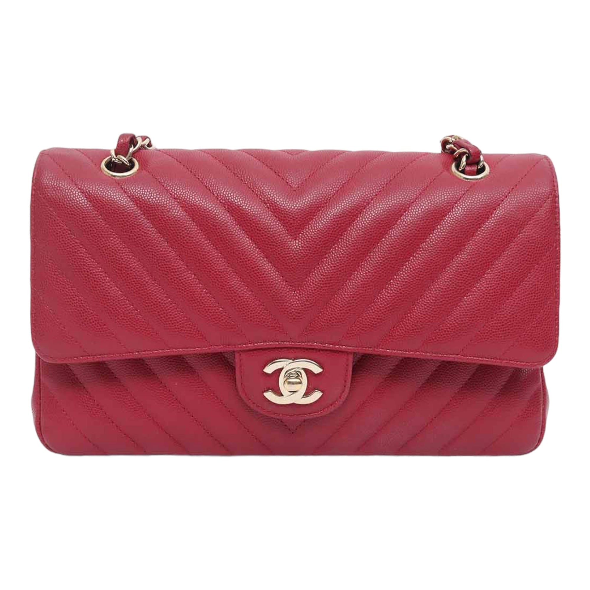 CHNL Medium Chevron Rosy Red Caviar Gold Hardware 18B