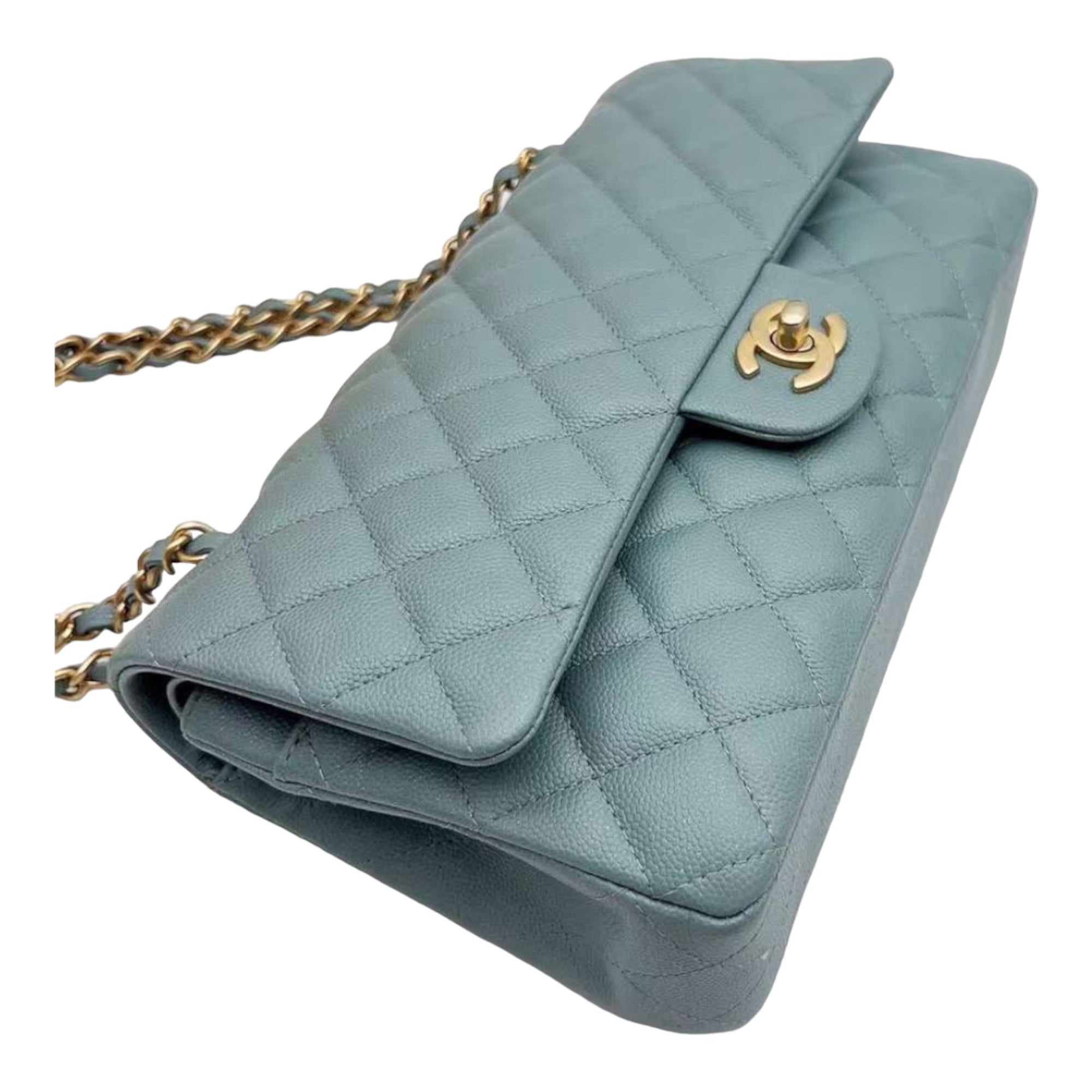 CHNL 18C Iridescent Blue Caviar Flap Bag Brushed Gold Hardware