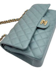 CHNL 18C Iridescent Blue Caviar Flap Bag Brushed Gold Hardware