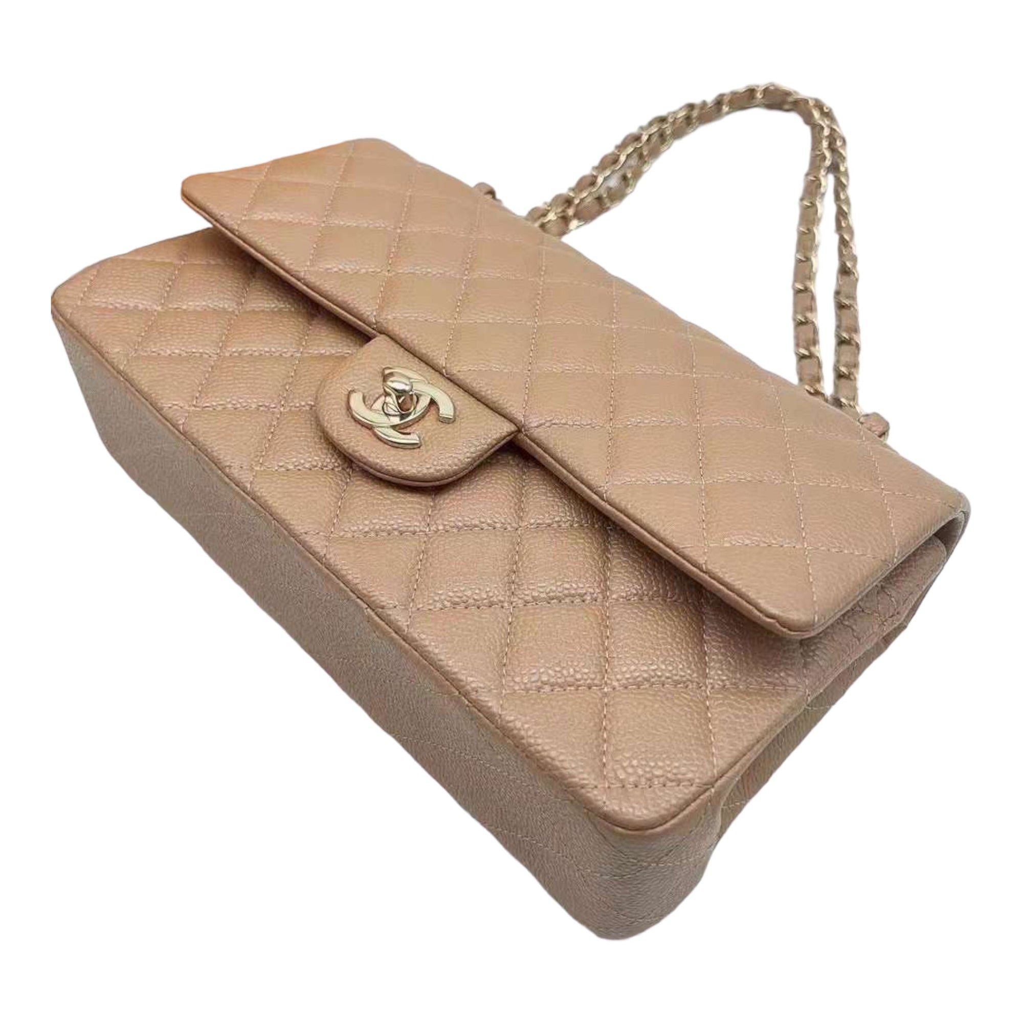 CHNL 18S Iridescent Dark Beige Caviar Rectangular Mini Flap Bag Brushed Gold Hardware