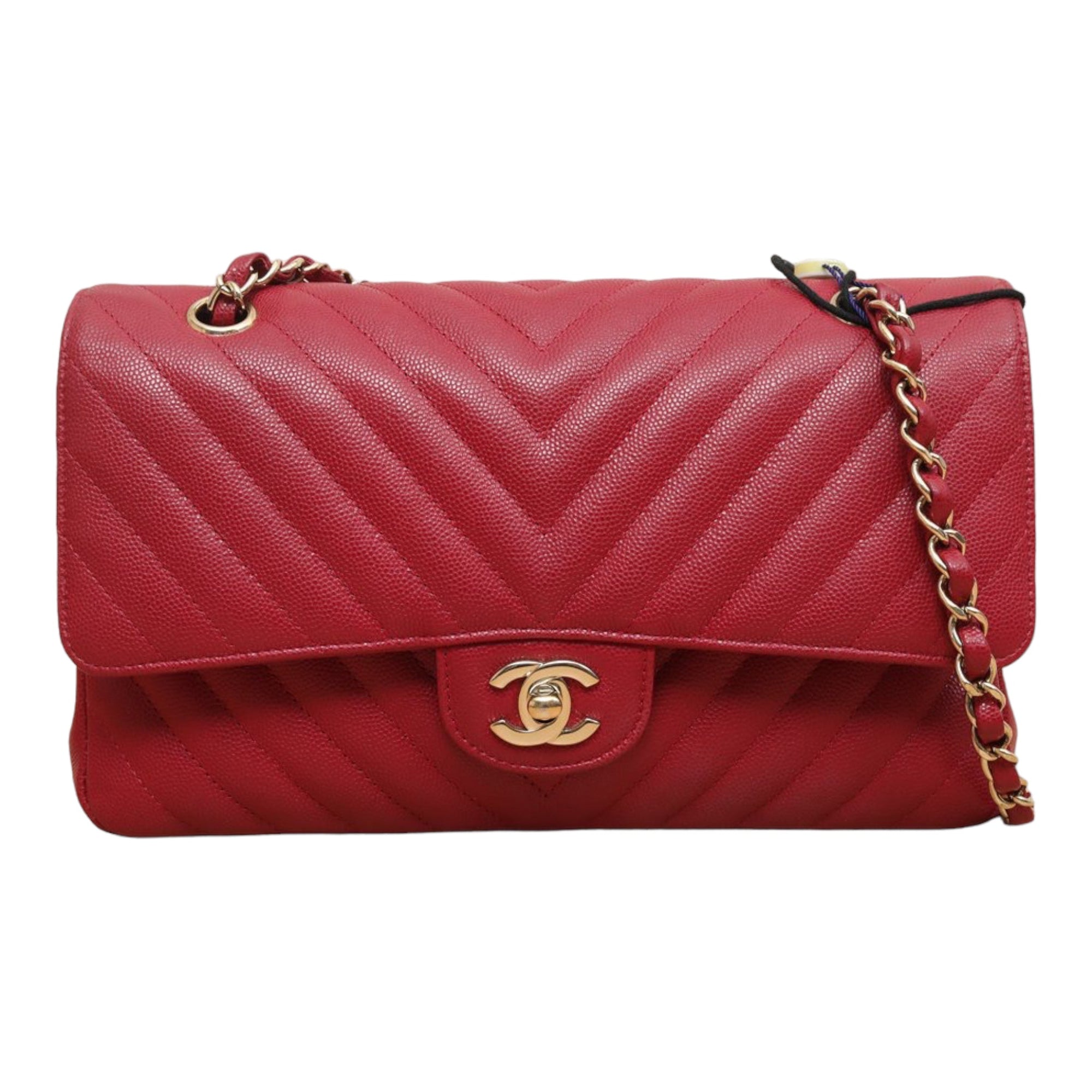 CHNL Medium Chevron Rosy Red Caviar Gold Hardware 18B