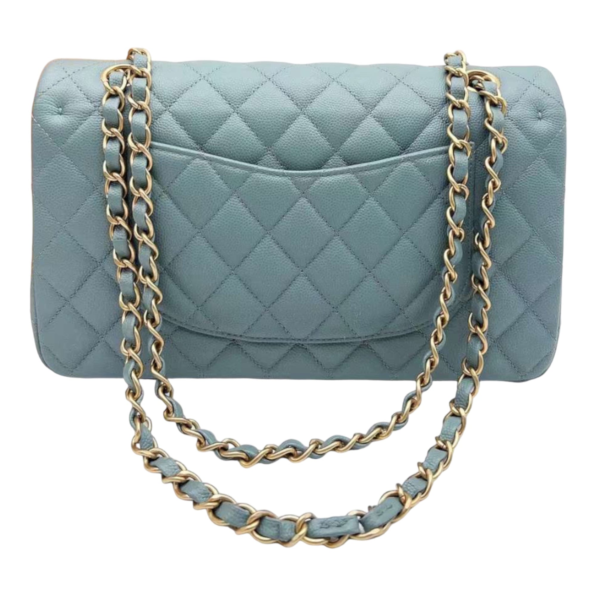 CHNL 18C Iridescent Blue Caviar Flap Bag Brushed Gold Hardware