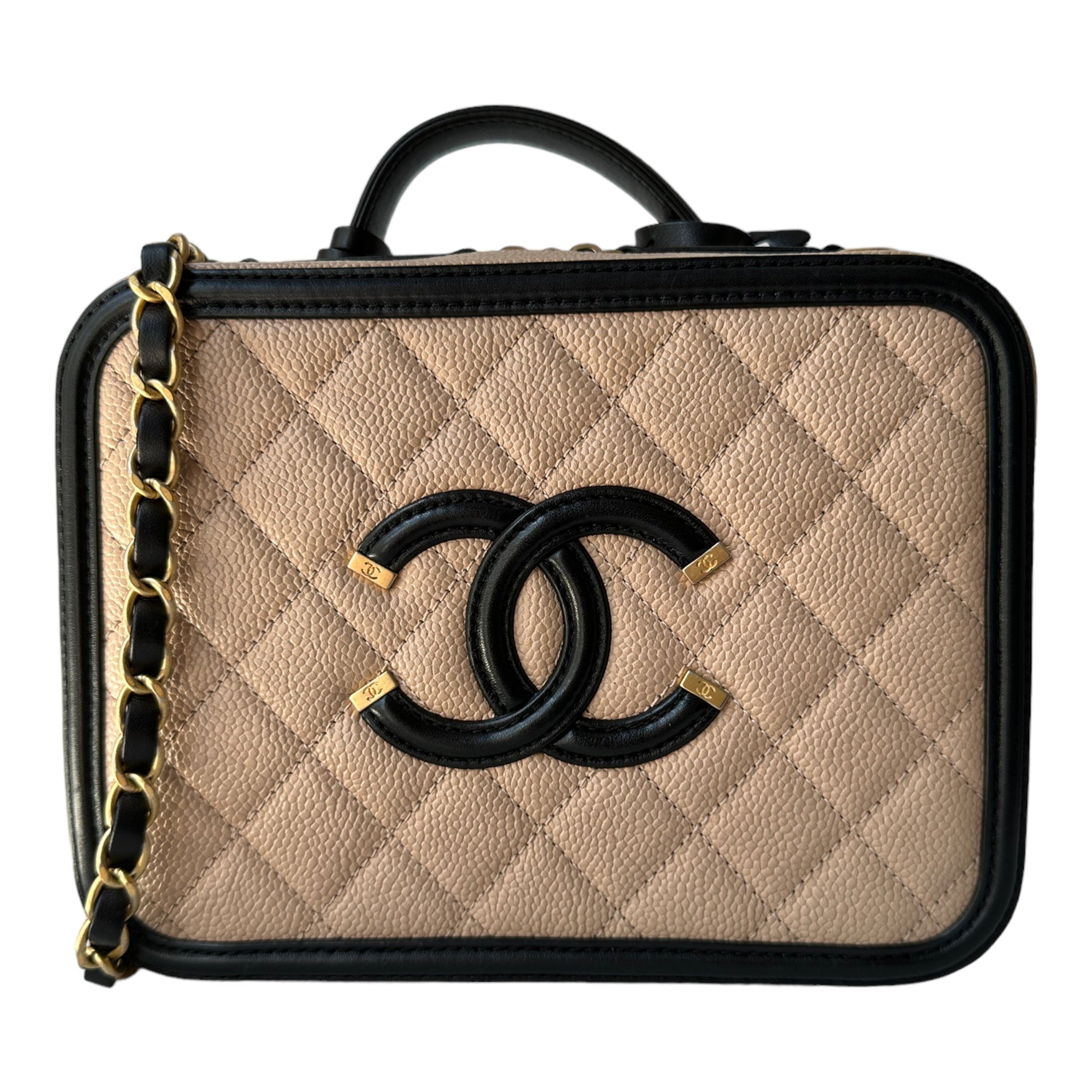 CHNL Quilted Medium CC Filigree Vanity Case Beige Caviar Gold Hardware