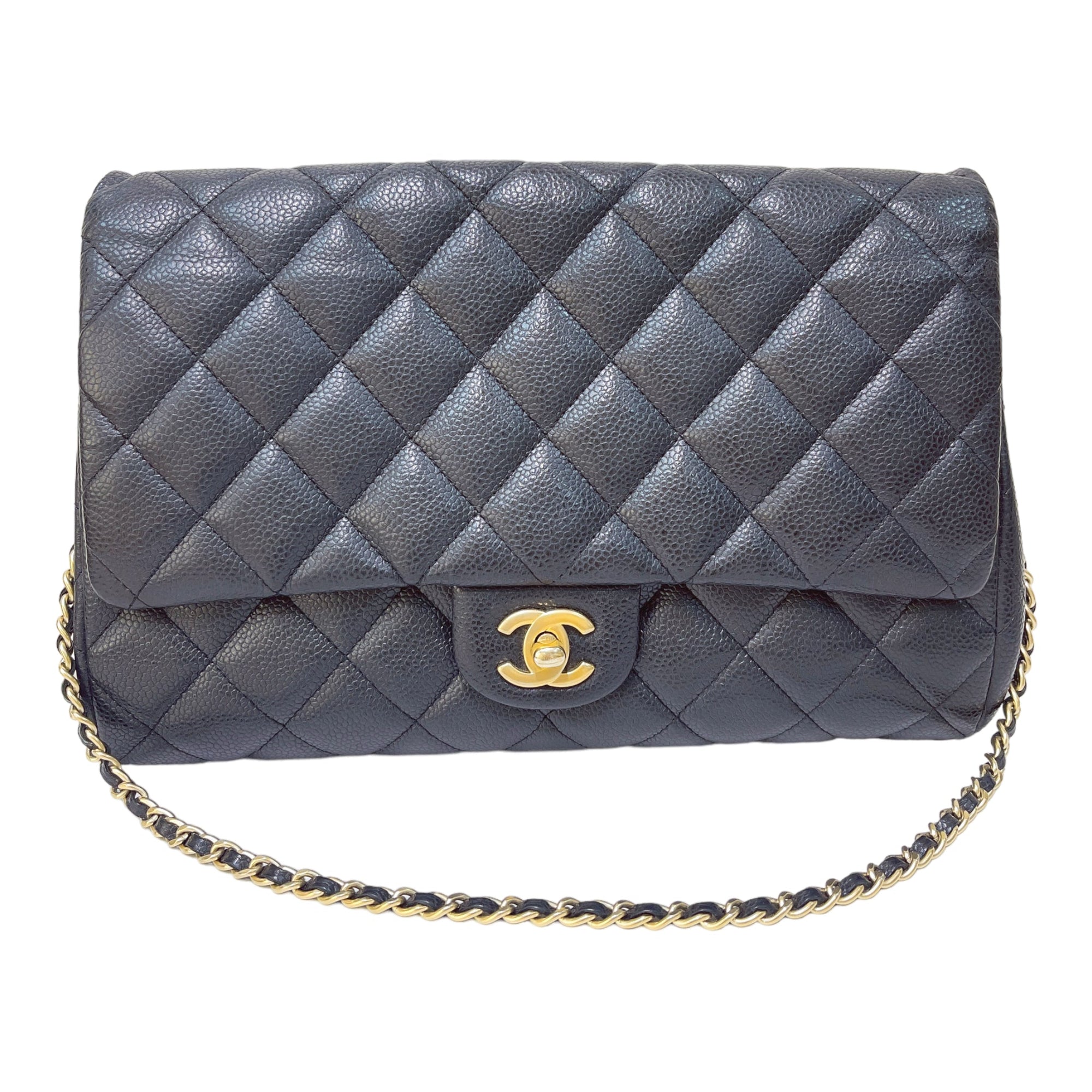 CHNL Quilted Clutch with Chain Lambskin Black Silver Hardware