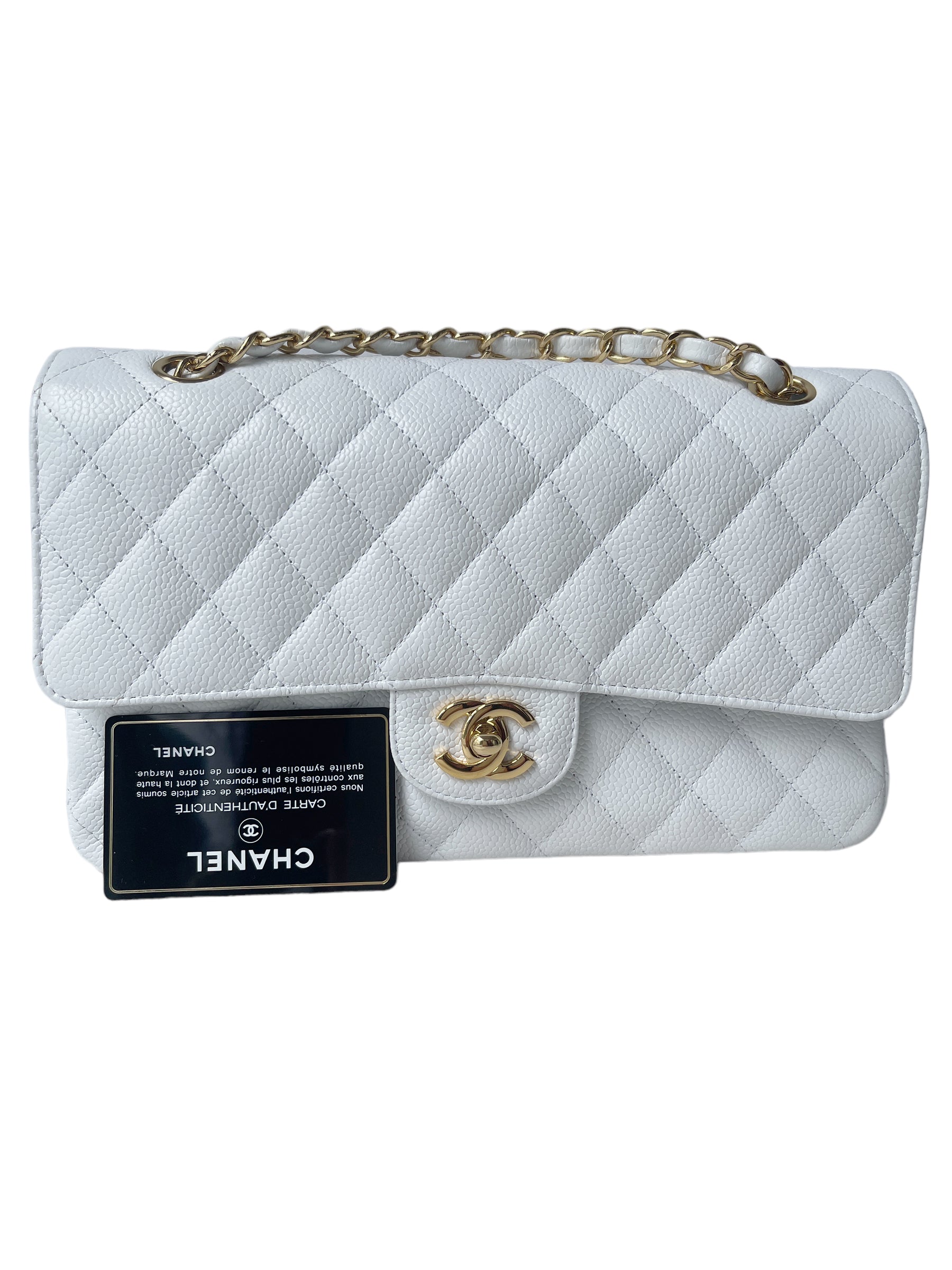 CHNL WHITE CAVIAR MEDIUM CLASSIC 2.55 DOUBLE FLAP BAG