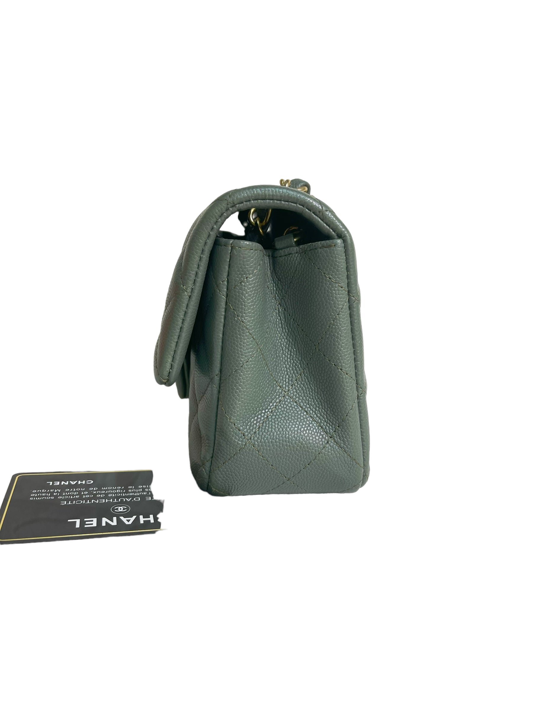 CHNL 18C Iridescent Green Caviar Rectangular Mini Flap Bag Brushed Gold Hardware