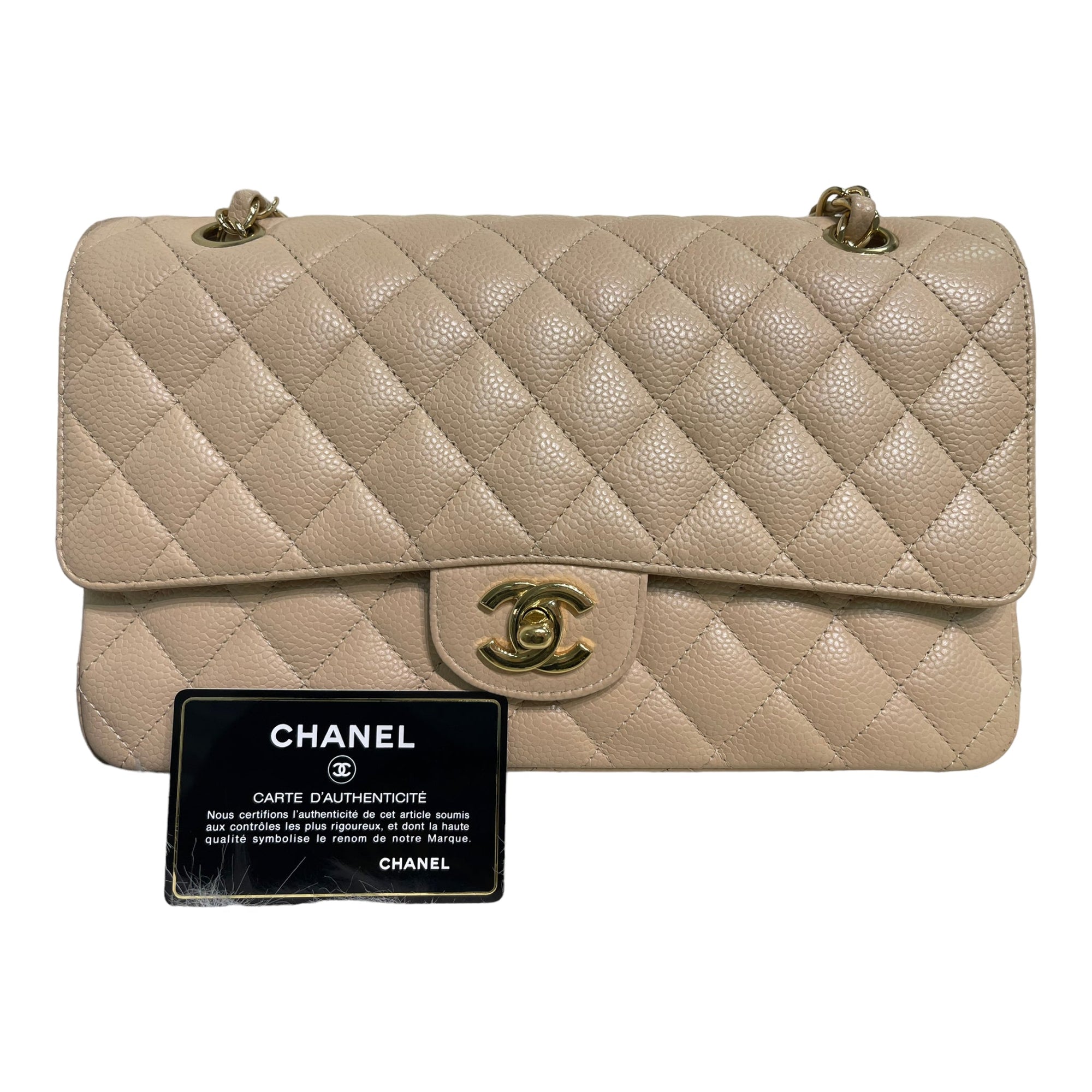 CHNL Classic M/L Medium Flap Quilted Beige Caviar Gold Hardware