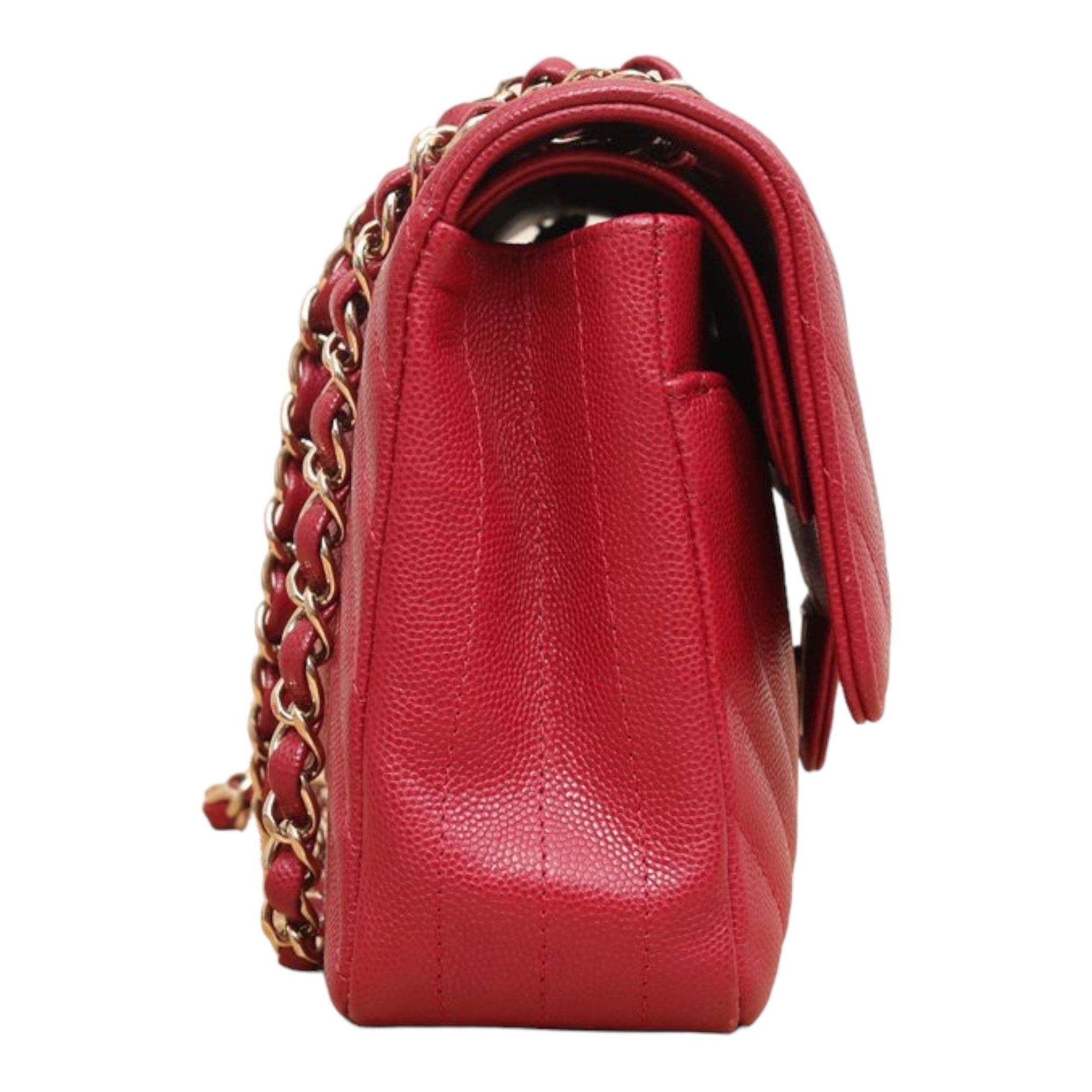 CHNL Medium Chevron Rosy Red Caviar Gold Hardware 18B