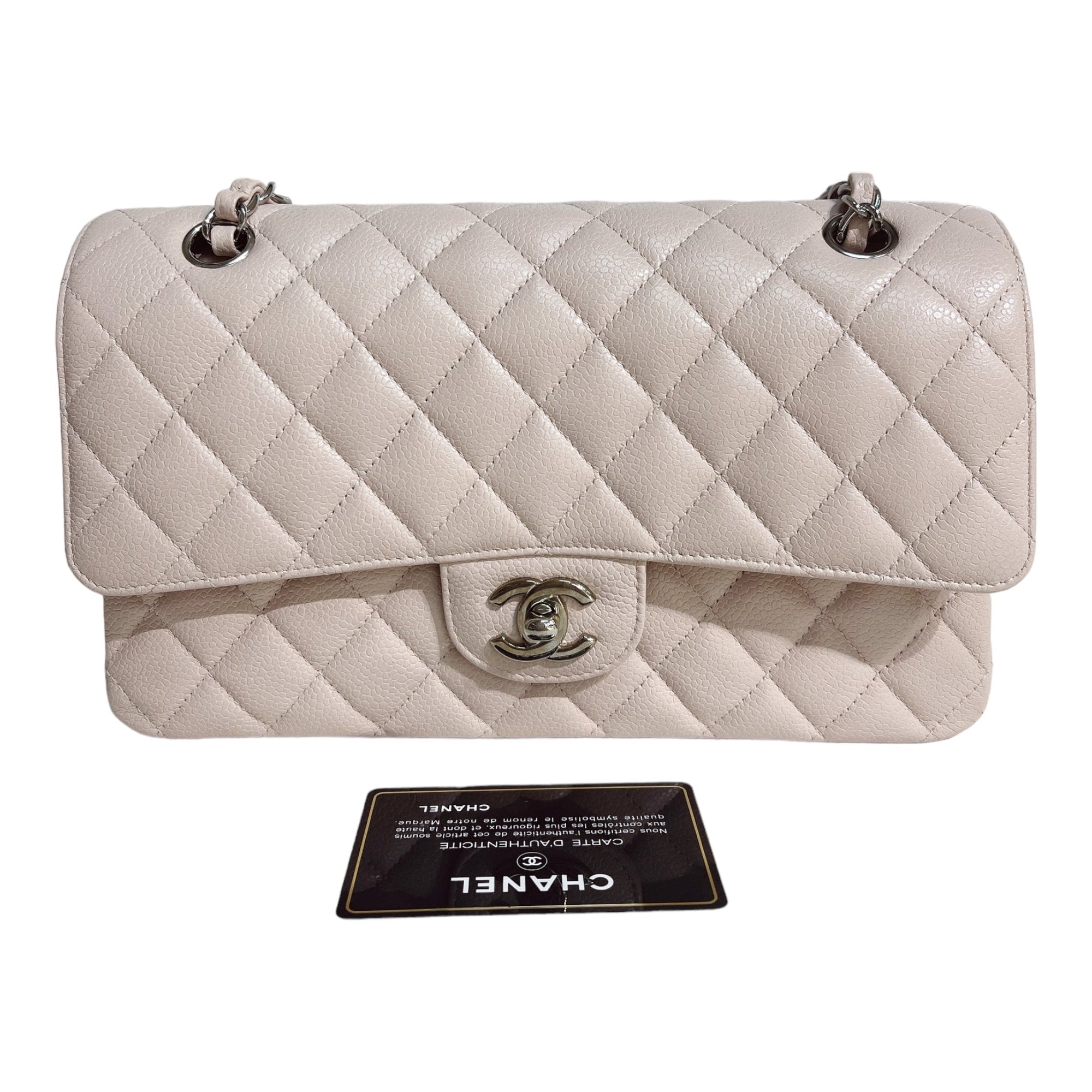 CHNL Classic M/L Medium Flap Quilted Light Pink Caviar Gold Hardware
